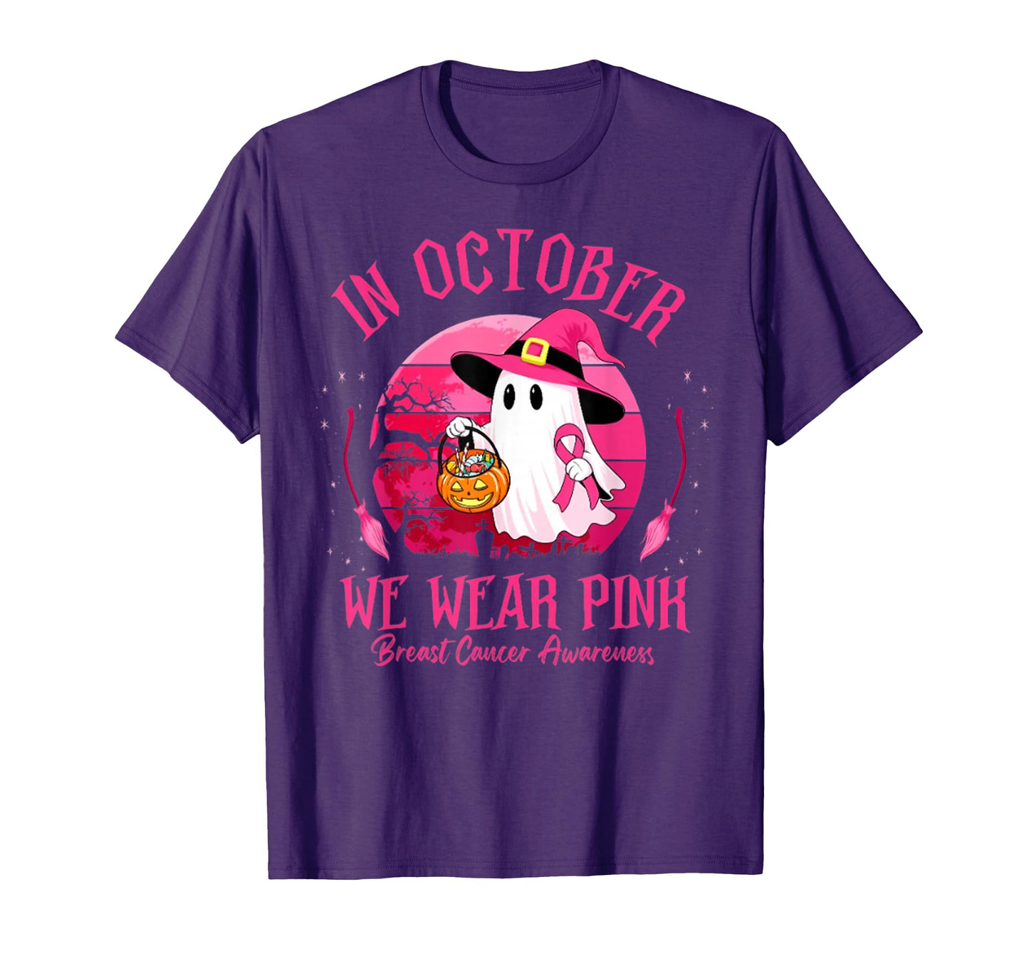in October We Wear Pink Ghost Witch Breast Cancer Awareness T-Shirt