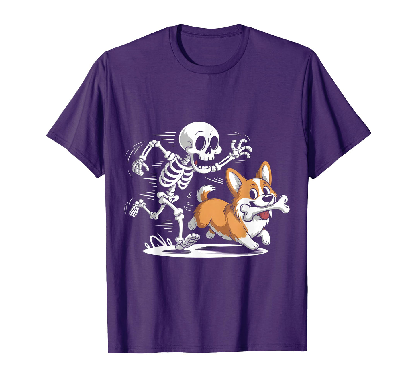 Skeleton Chasing Corgi Funny Halloween T-Shirt