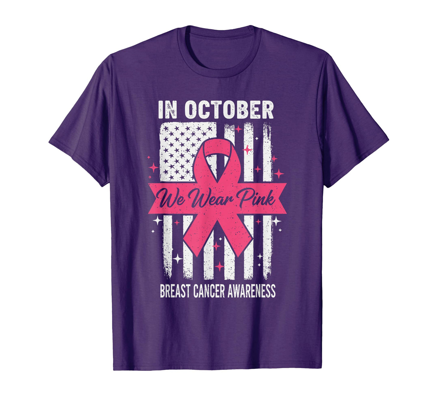 in October We Wear Pink 2025 US Flag Breast Cancer Awareness T-Shirt