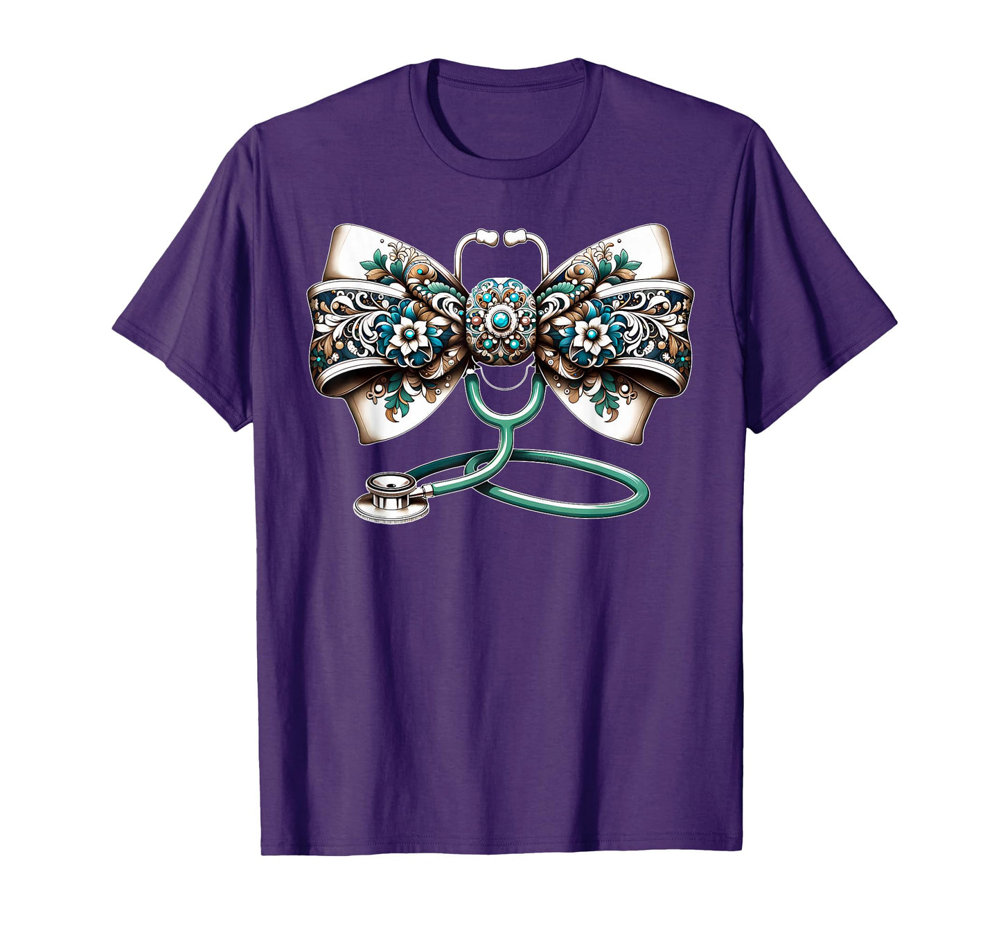 Coquette Bow Stethoscope Western Teal Turquoise RN Nurse T-Shirt