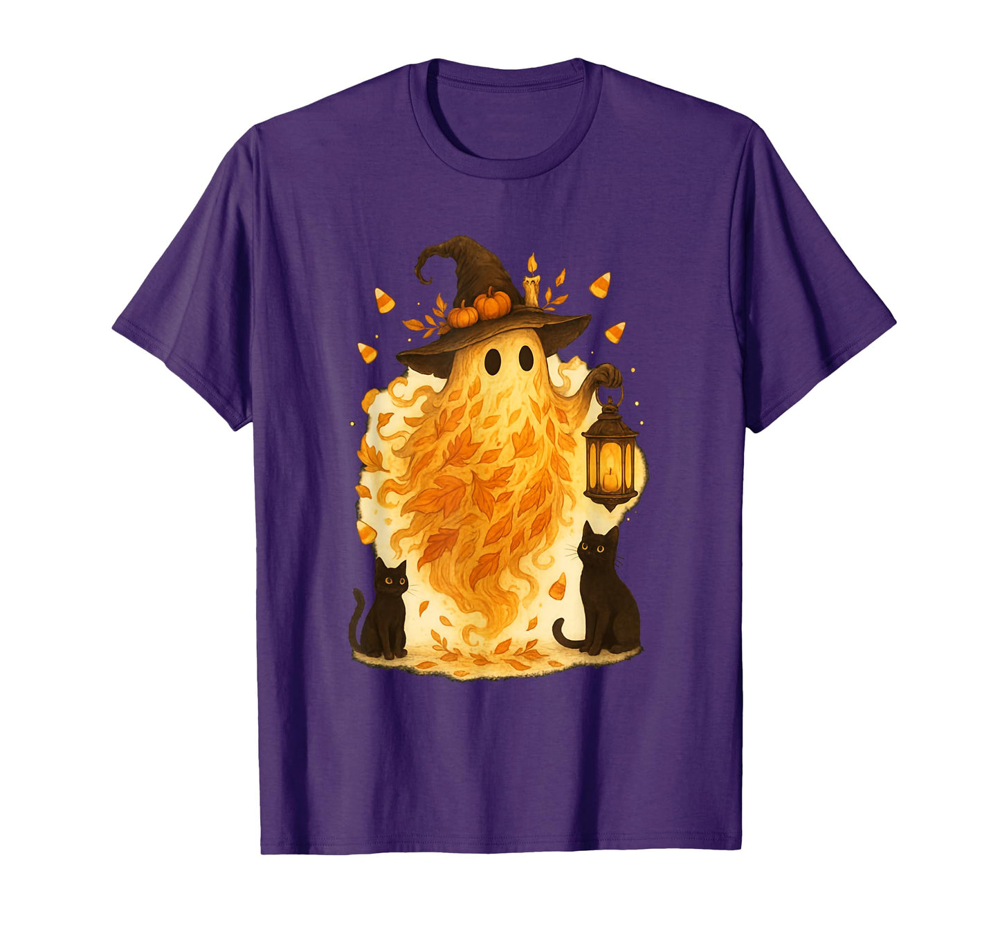 Halloween Witch Hat Ghost and Black Cat Groovy Floral Autumn T-Shirt