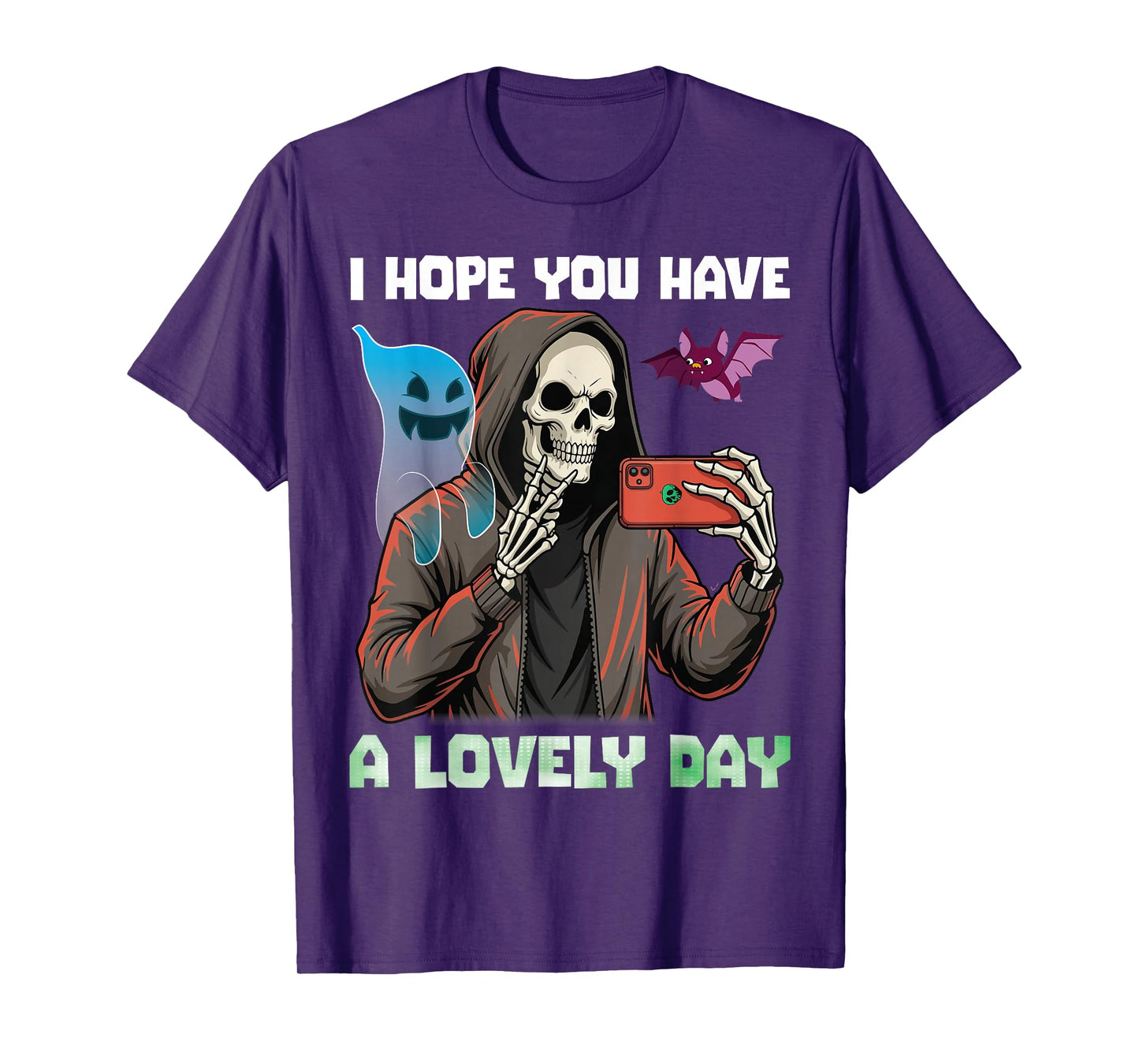 I Hope You Have A Lovely Day Skeleton Selfie with Ghost Bat T-Shirt