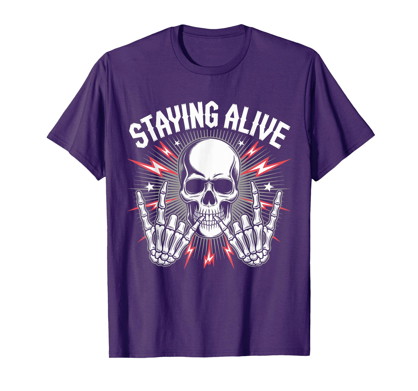 Staying Alive Skeleton Skull Rock Hand Retro Halloween T-Shirt