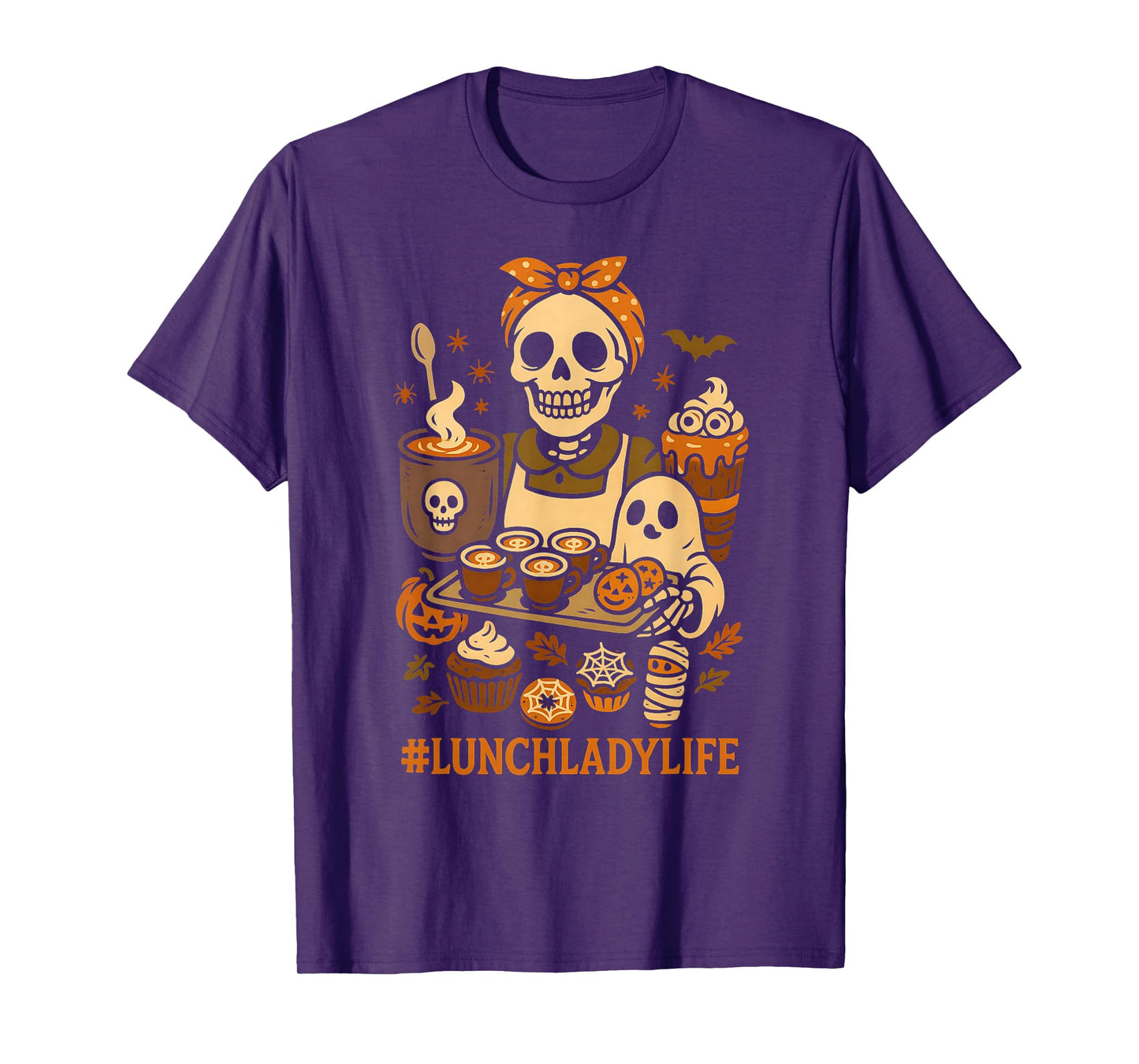 Skeleton Lunch Lady Coffee Cafeteria Crew Spooky Halloween T-Shirt