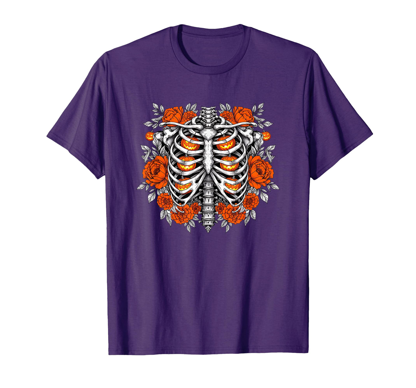 Skeleton Ribcage Floral with Pumpkins Design T-Shirt