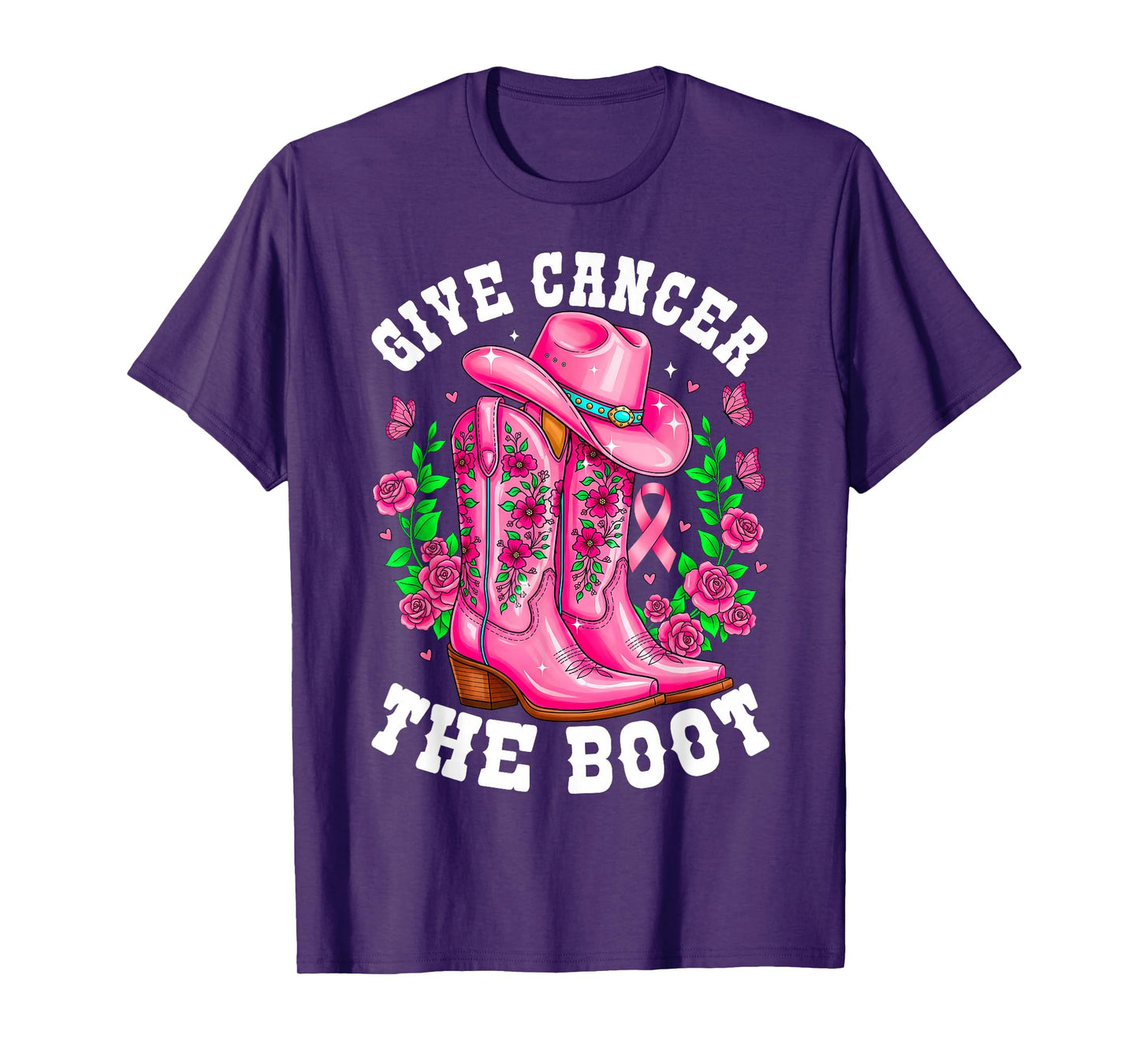 Give Cancer The Boot Cowgirl Breast Cancer Awareness Ribbon T-Shirt