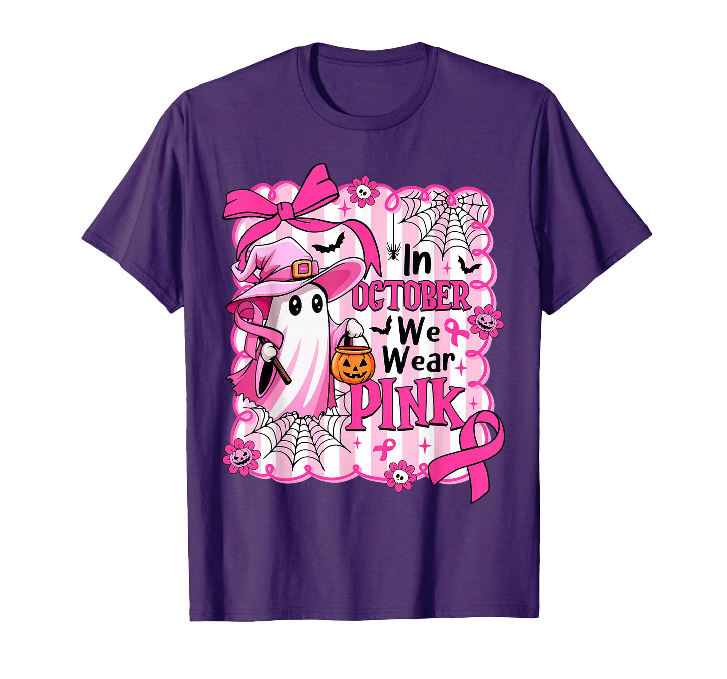 In October We Wear Pink Ghost Witch Breast Cancer Awareness T-Shirt