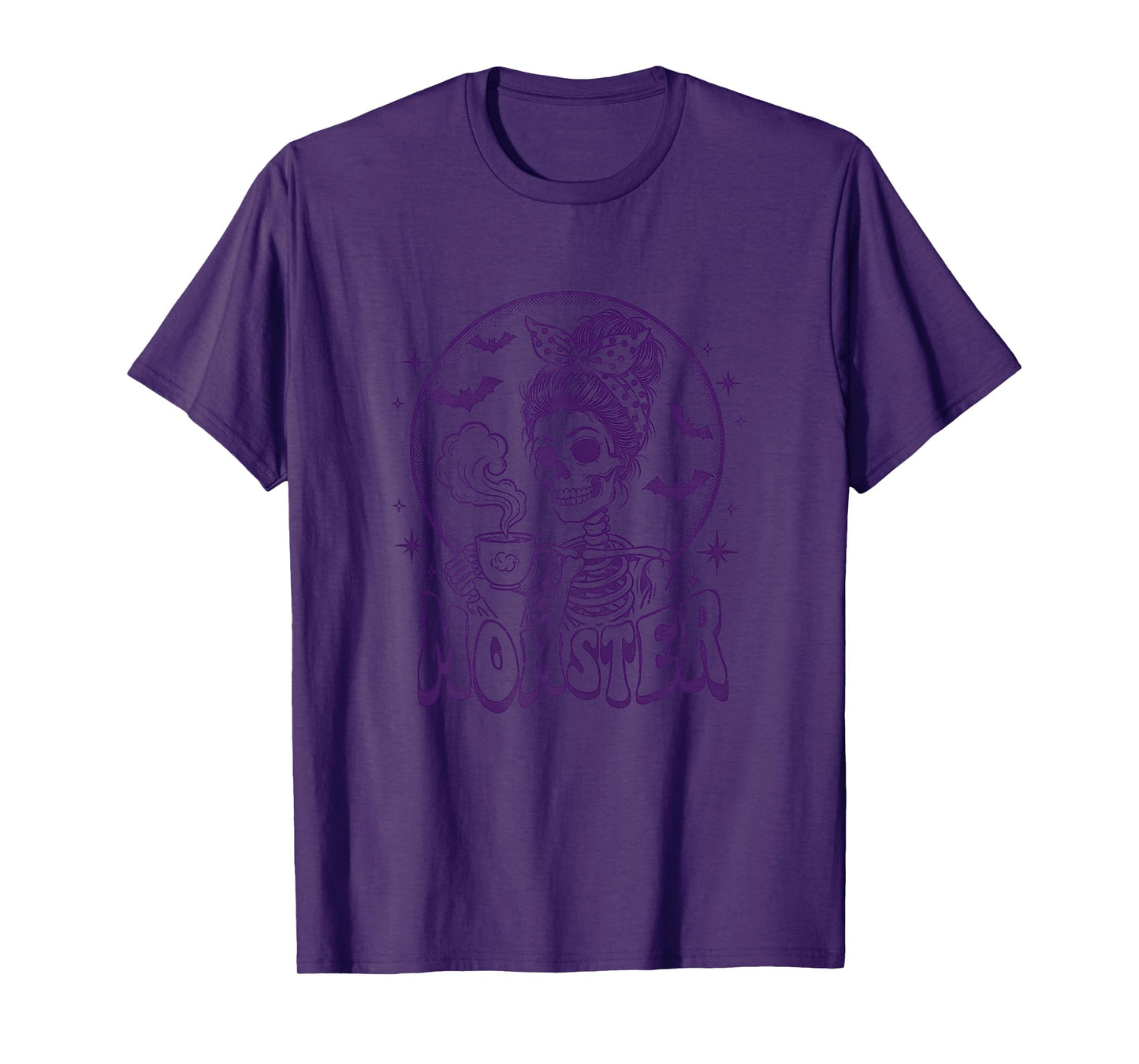 Vintage Halloween Momster Messy Hair Bun Skull Monster Mom T-Shirt