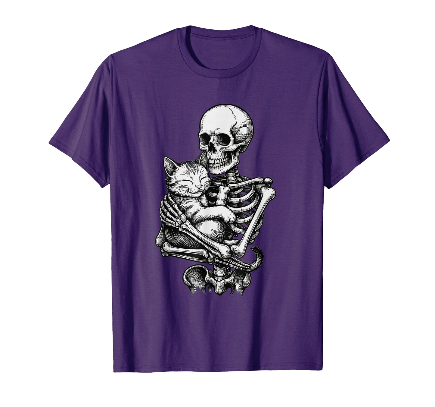Skeleton Standing and Hugging a Cat Halloween Kitten Lover T-Shirt