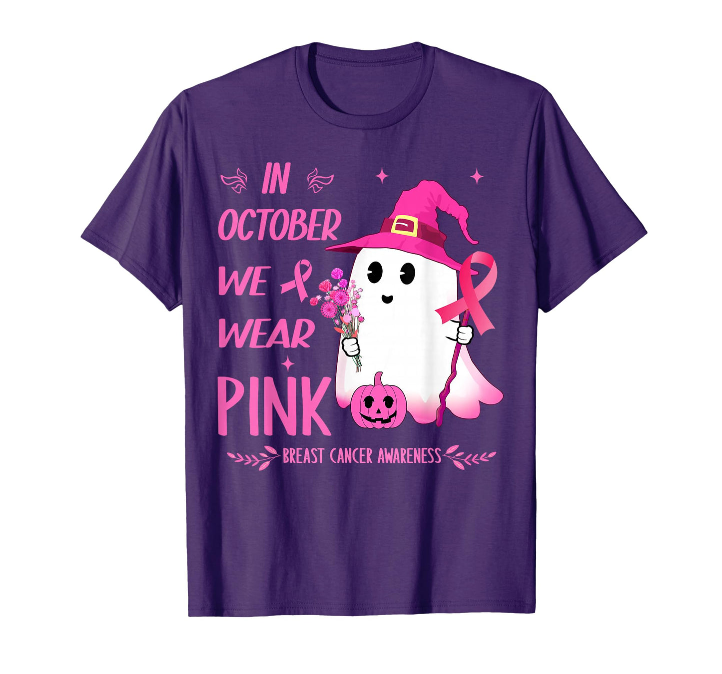 In October We Wear Pink Breast Cancer Ghost pumpkin Witch T-Shirt