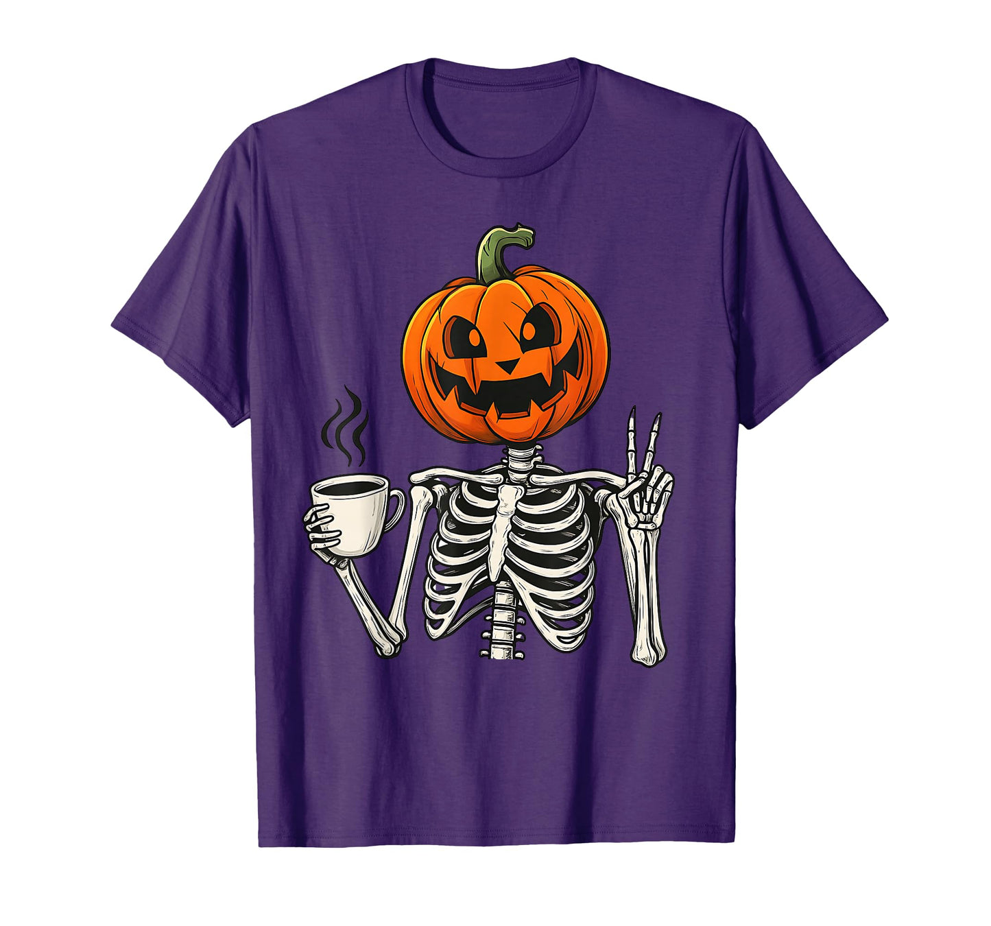 Kawaii Coffee Drinking Skeleton Pumpkin Halloween Costume T-Shirt