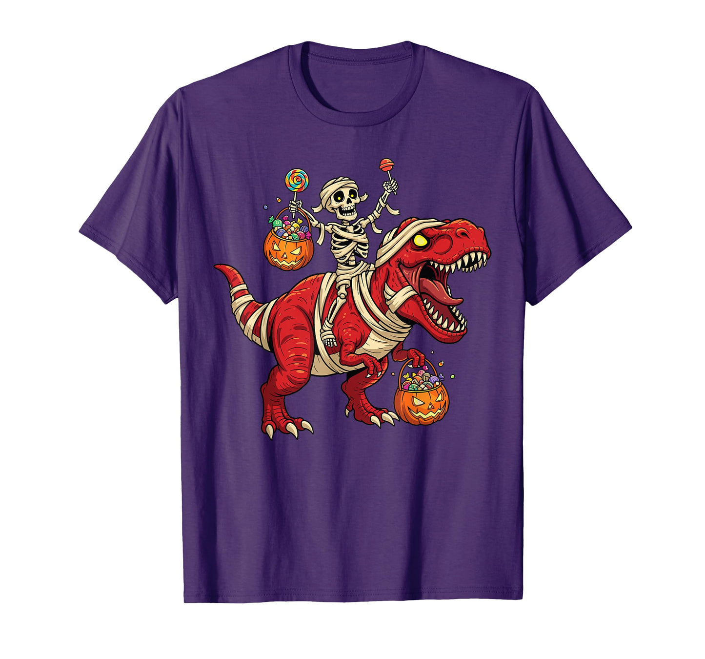 Skeleton Riding Mummy Dinosaur T rex Halloween Funny Pumpkin T-Shirt
