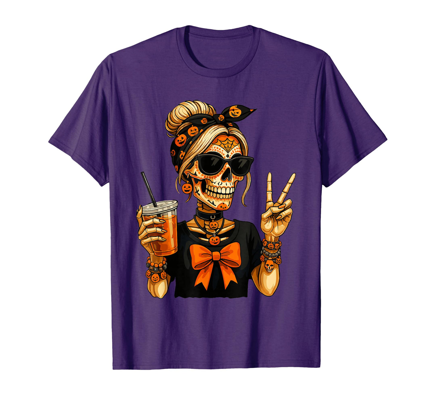 Skeleton Messy Bun Coffee Shirt Women, Halloween Peace Sign T-Shirt