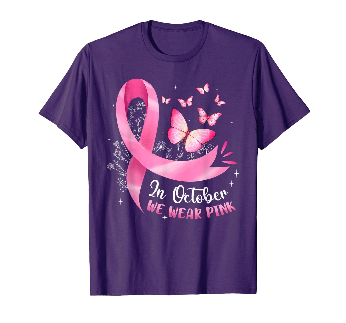 in October We Wear Pink Breast Cancer Butterfly Pink Ribbon T-Shirt