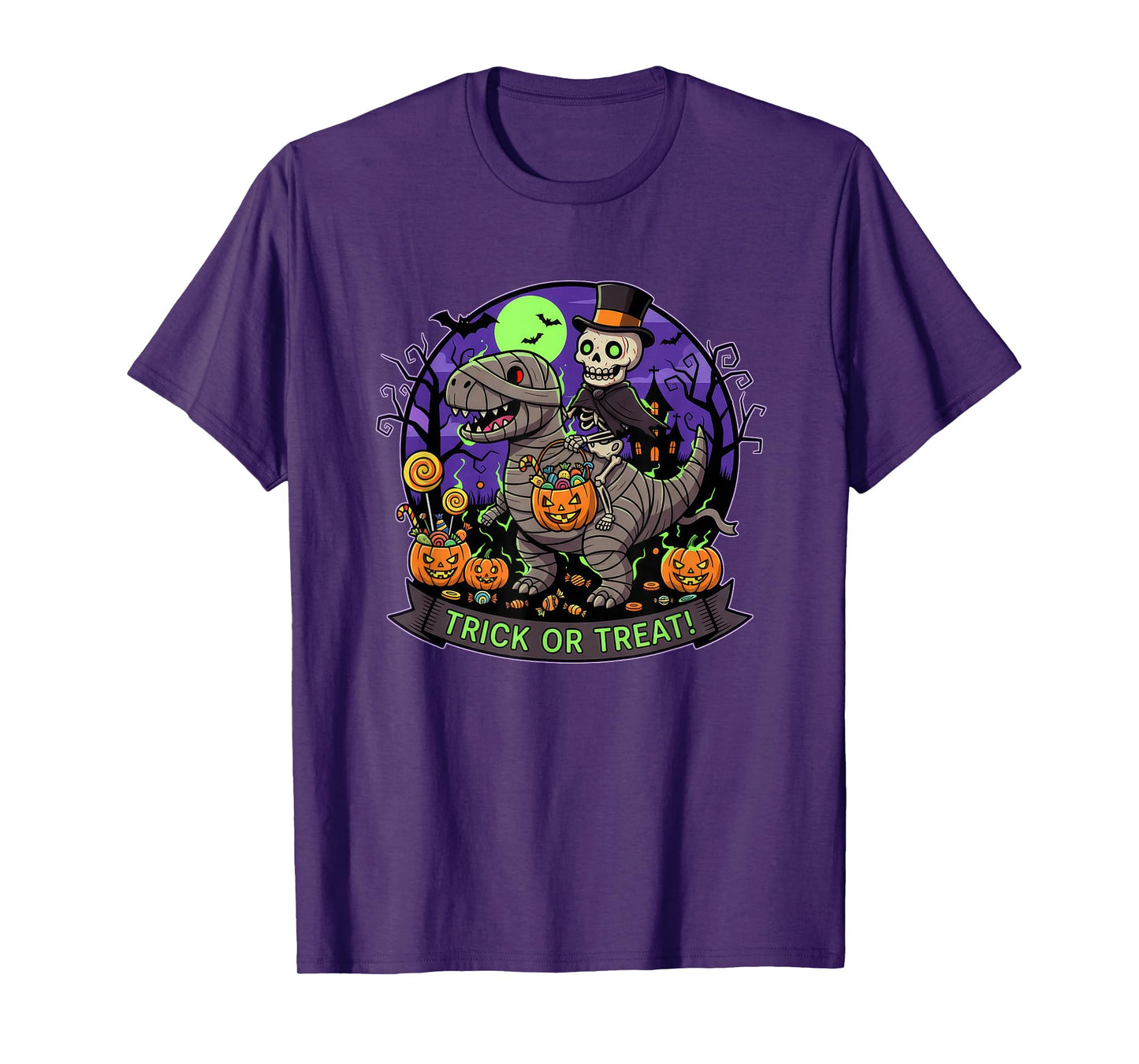 Trick or Treat Skeleton Riding a Mummy Dinosaur and Pumpkin T-Shirt