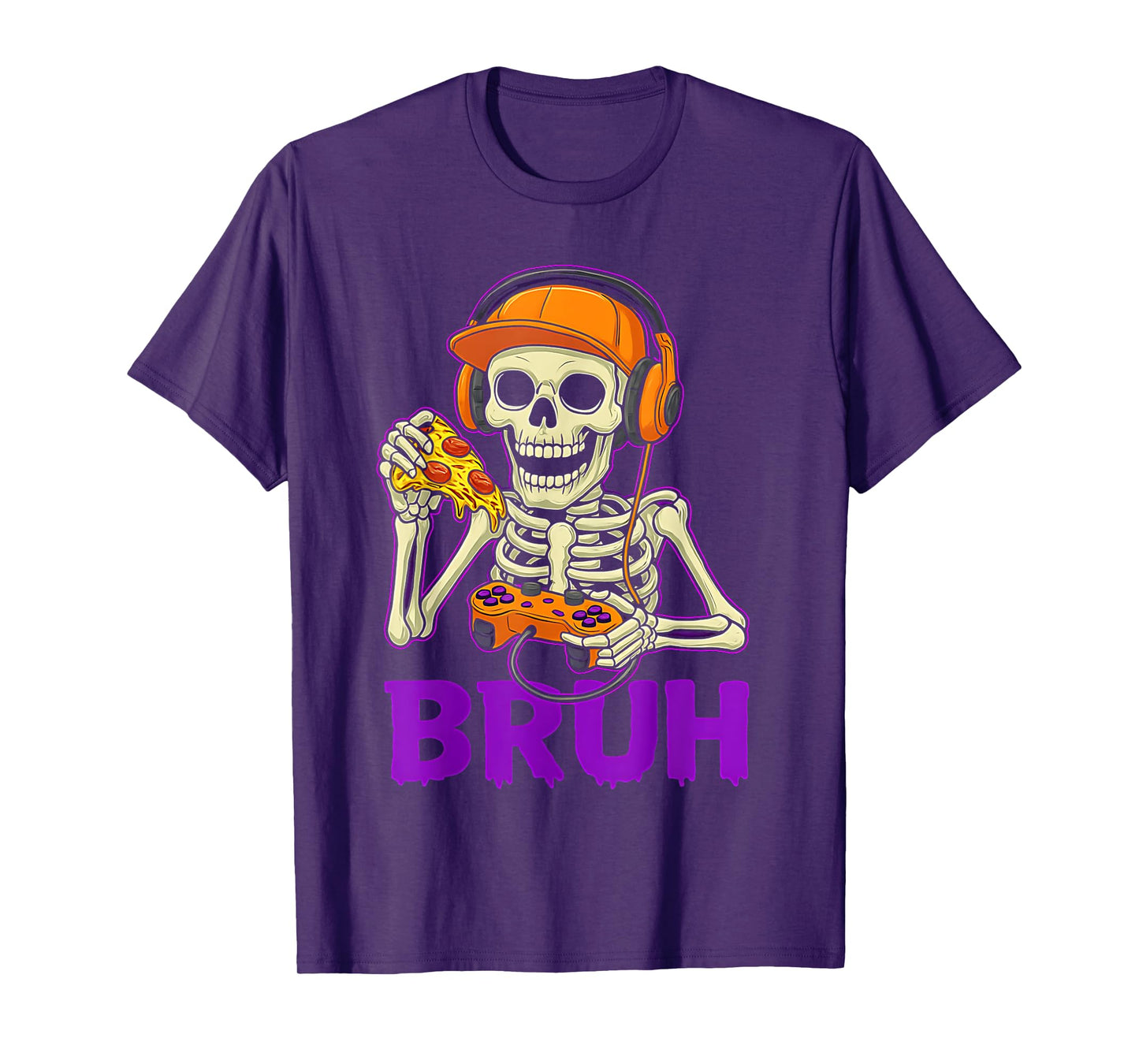 Halloween Skeleton Pizza Gamer Bruh Funny Video Gaming Boys T-Shirt