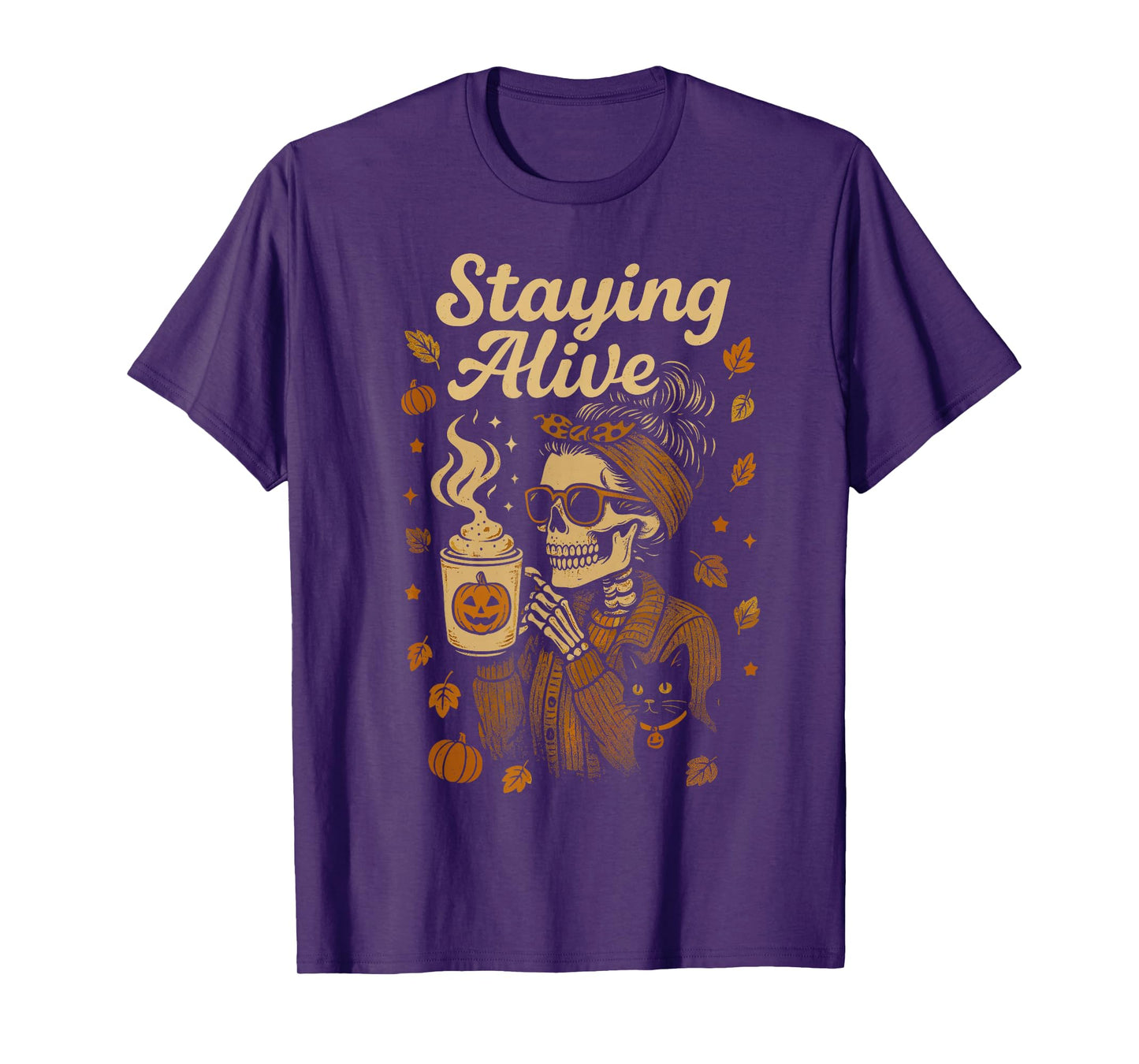 Staying Alive Skeleton Coffee Lover Retro Halloween T-Shirt