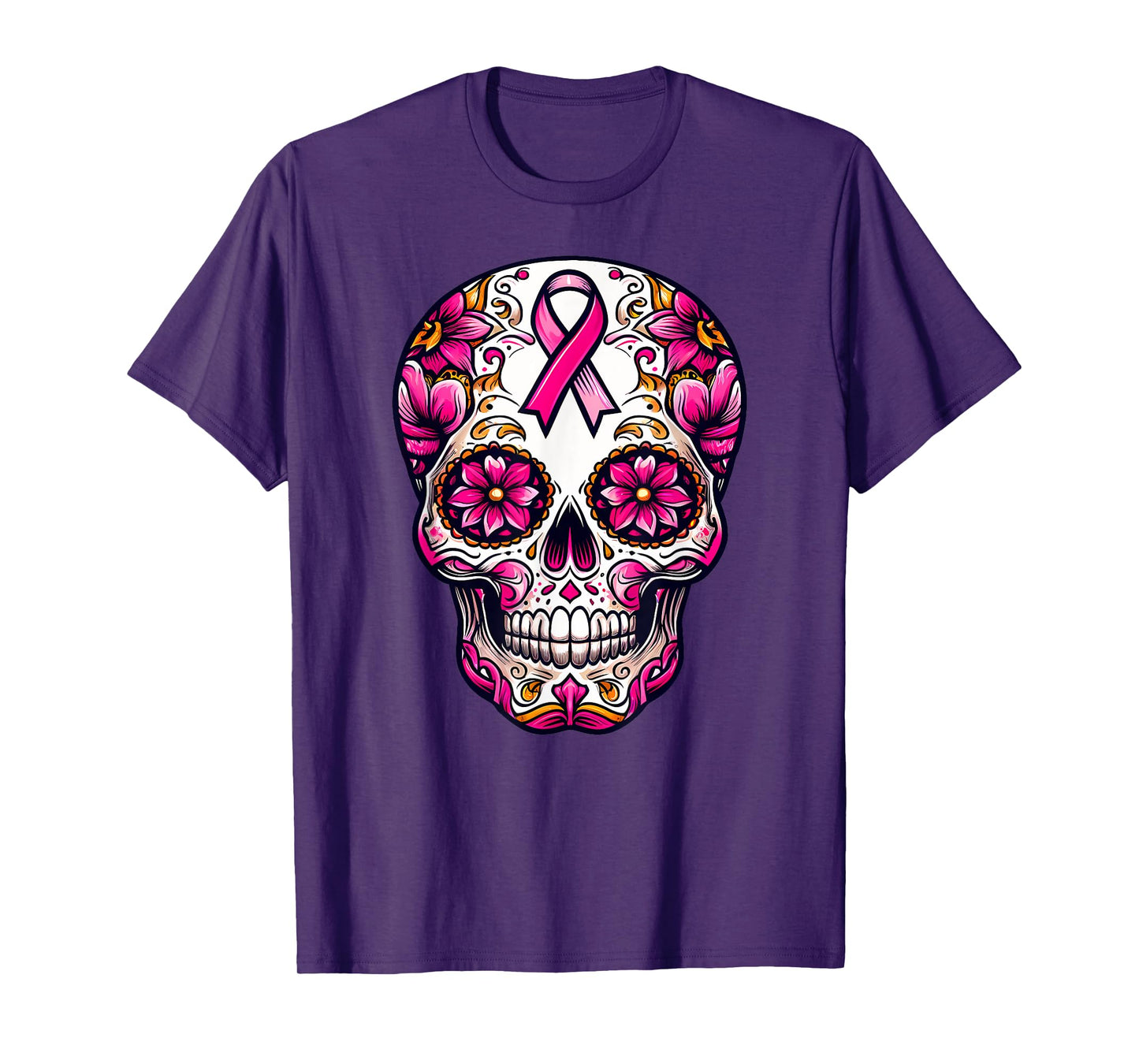 Sugar Skull Pink Ribbon Calavera Breast Cancer Awareness T-Shirt