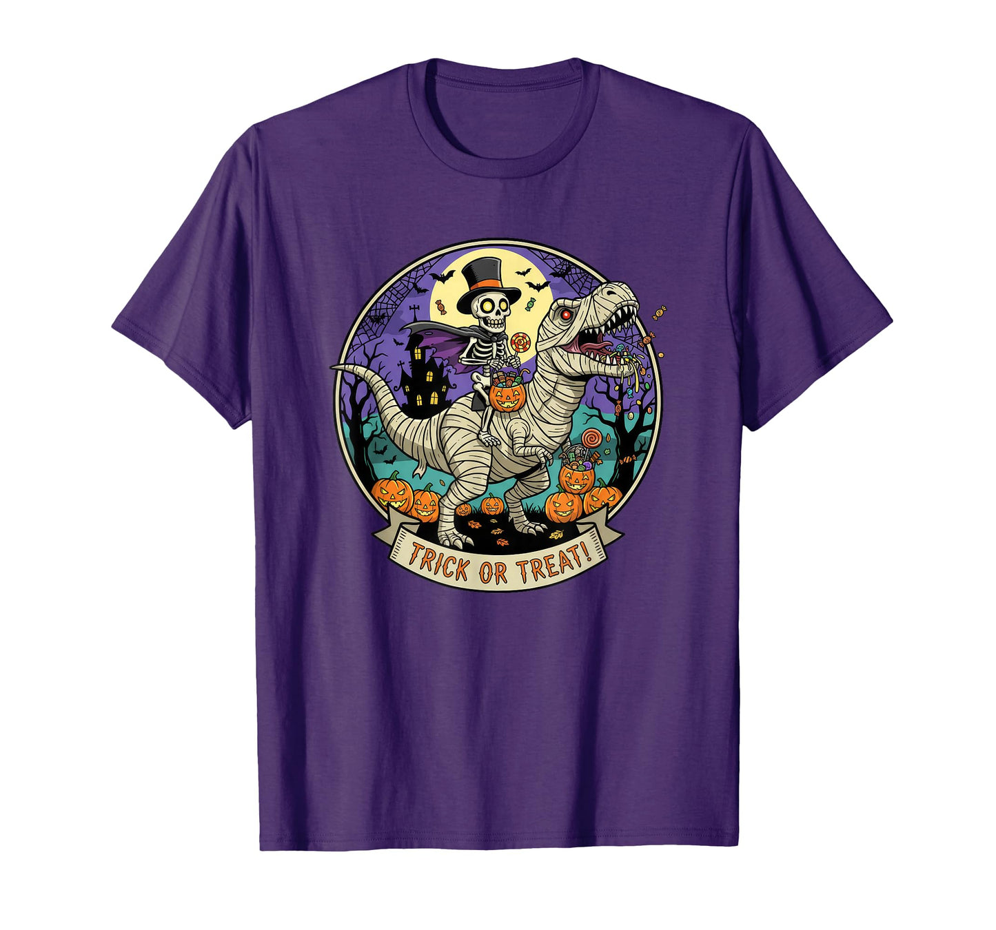 Skeleton Riding a Mummy Dinosaur Funny Halloween Pumpkin T-Shirt