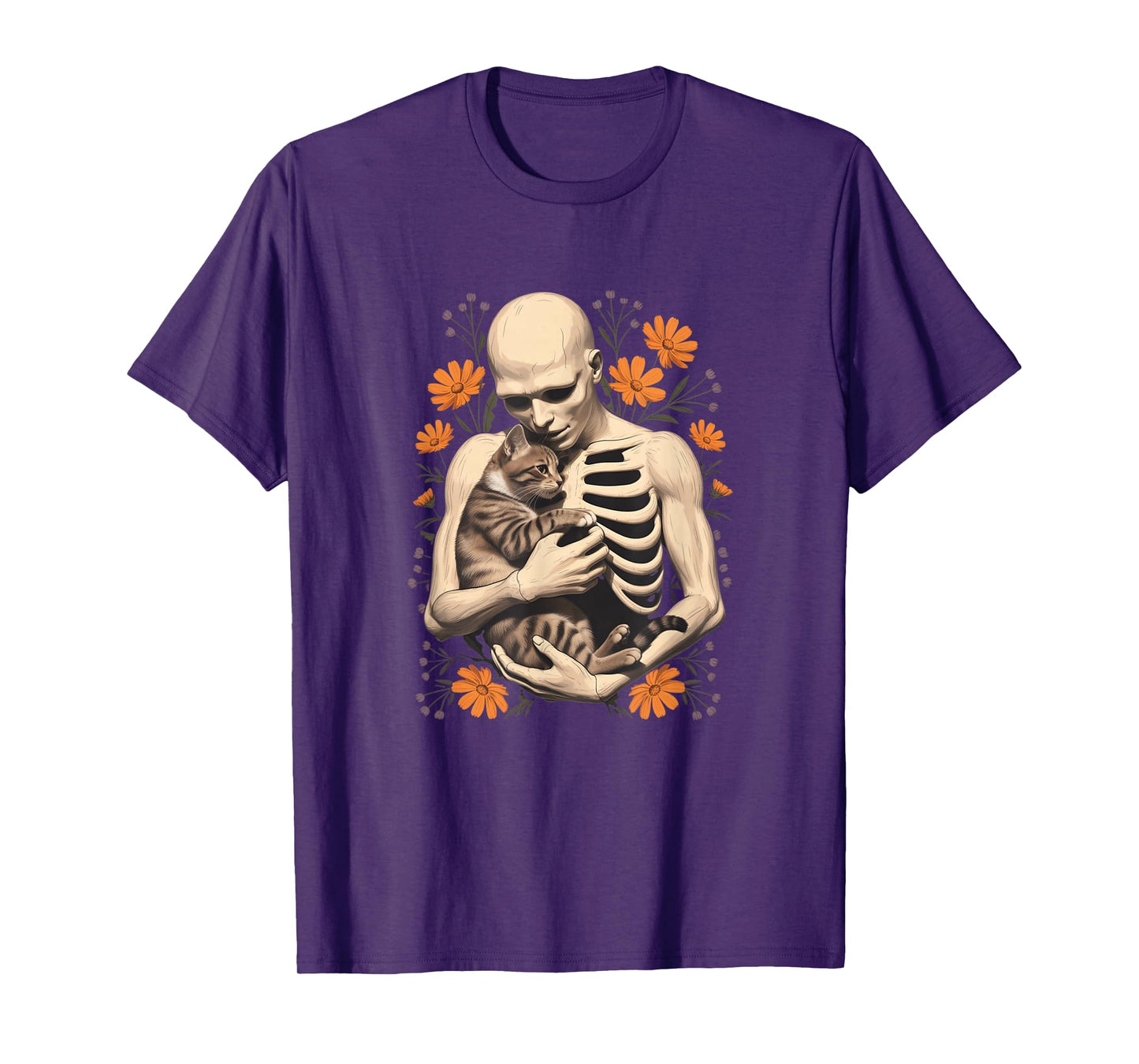 Funny Skeleton Hugging Cat Floral Halloween Cats Lover T-Shirt