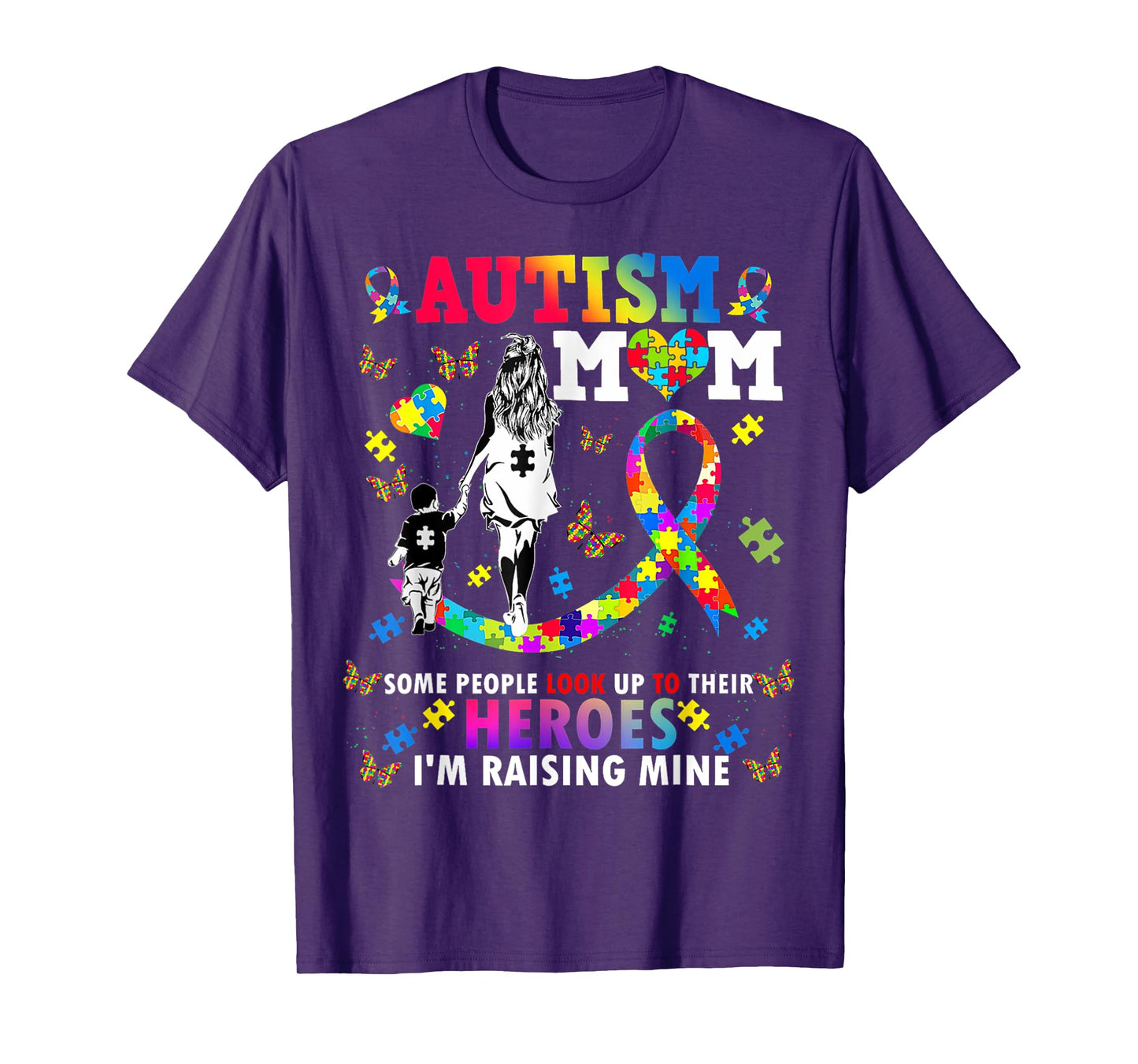 Autism Mom Raising Hero Groovy Heart Puzzle Autism Awareness T-Shirt