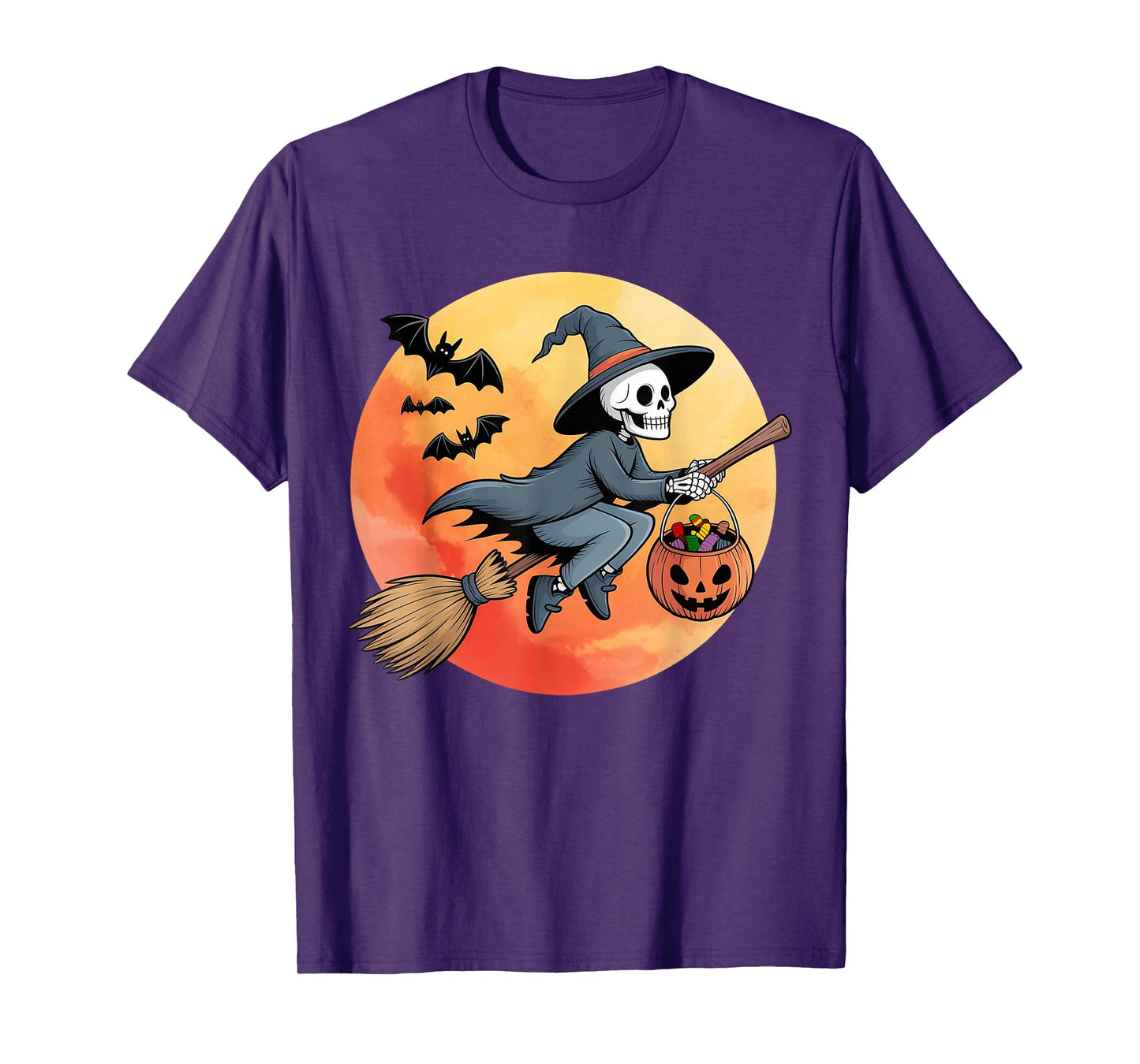 Skeleton Witch Hat Pumpkin Bats Moon Halloween Costumes T-Shirt