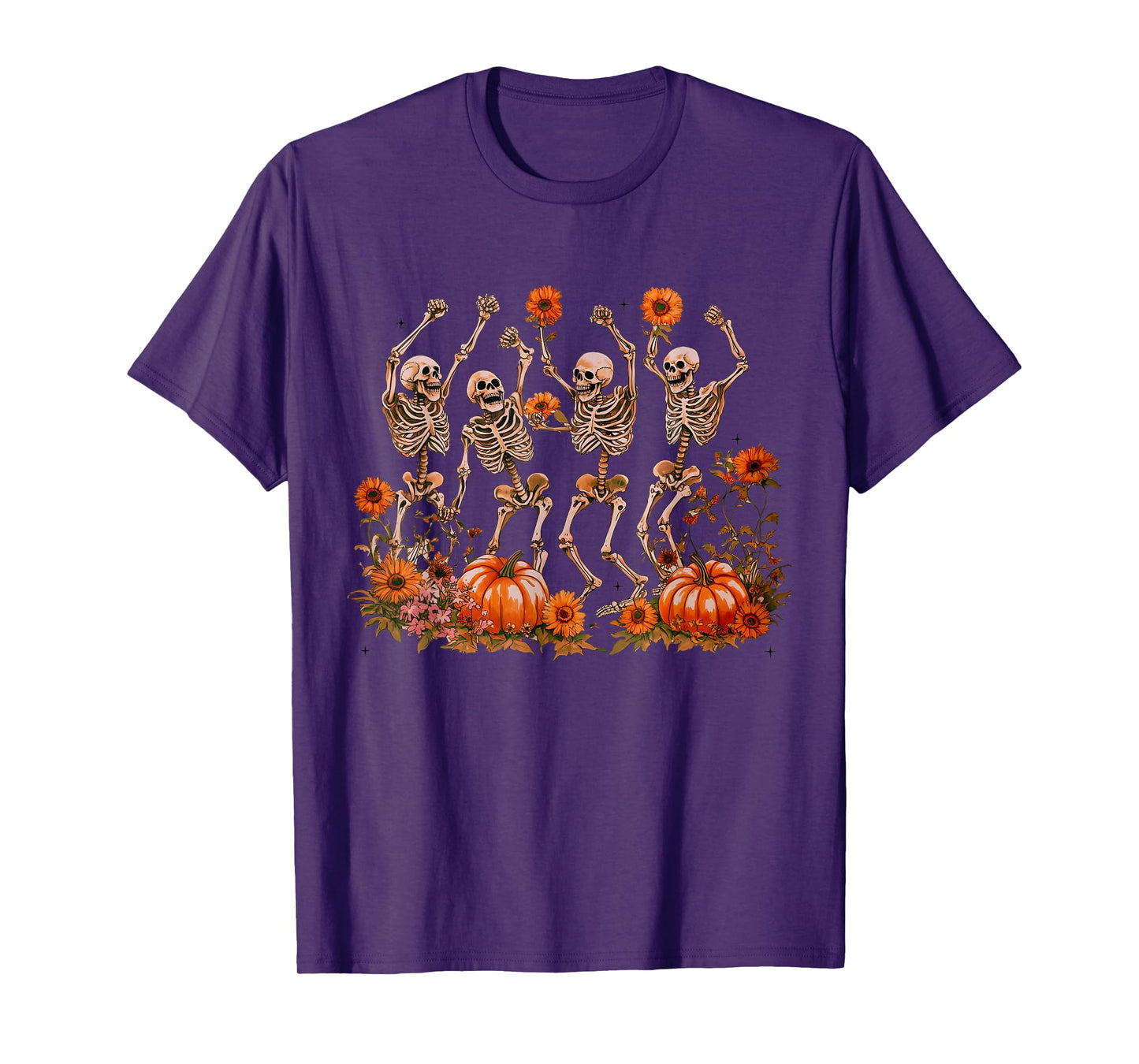 Dancing Skeletons Pumpkin Floral Skeleton Flower Halloween T-Shirt