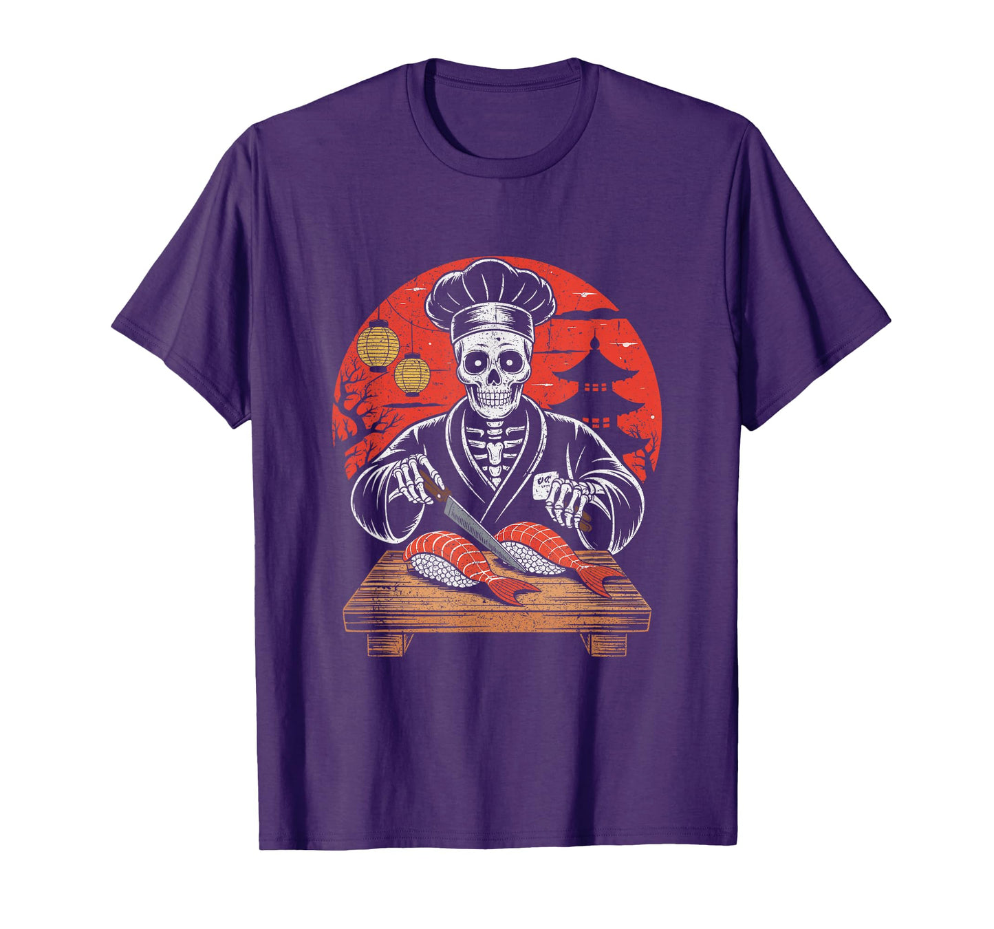 Skeleton Sushi Chef Cutting Salmon Halloween T-Shirt