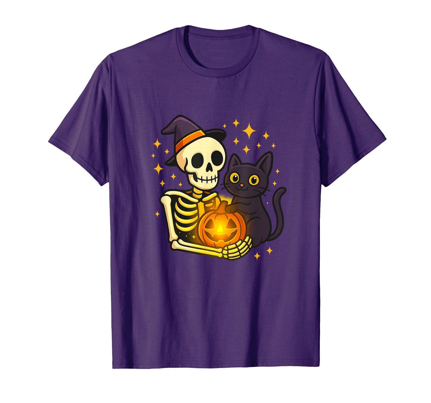 Cute Skeleton Hugging Cat & Pumpkin Halloween T-Shirt