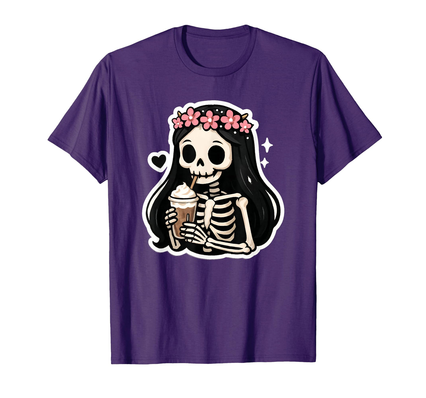 Skeleton Girl Drinking Coffee Peace Sign Graphic for Women T-Shirt