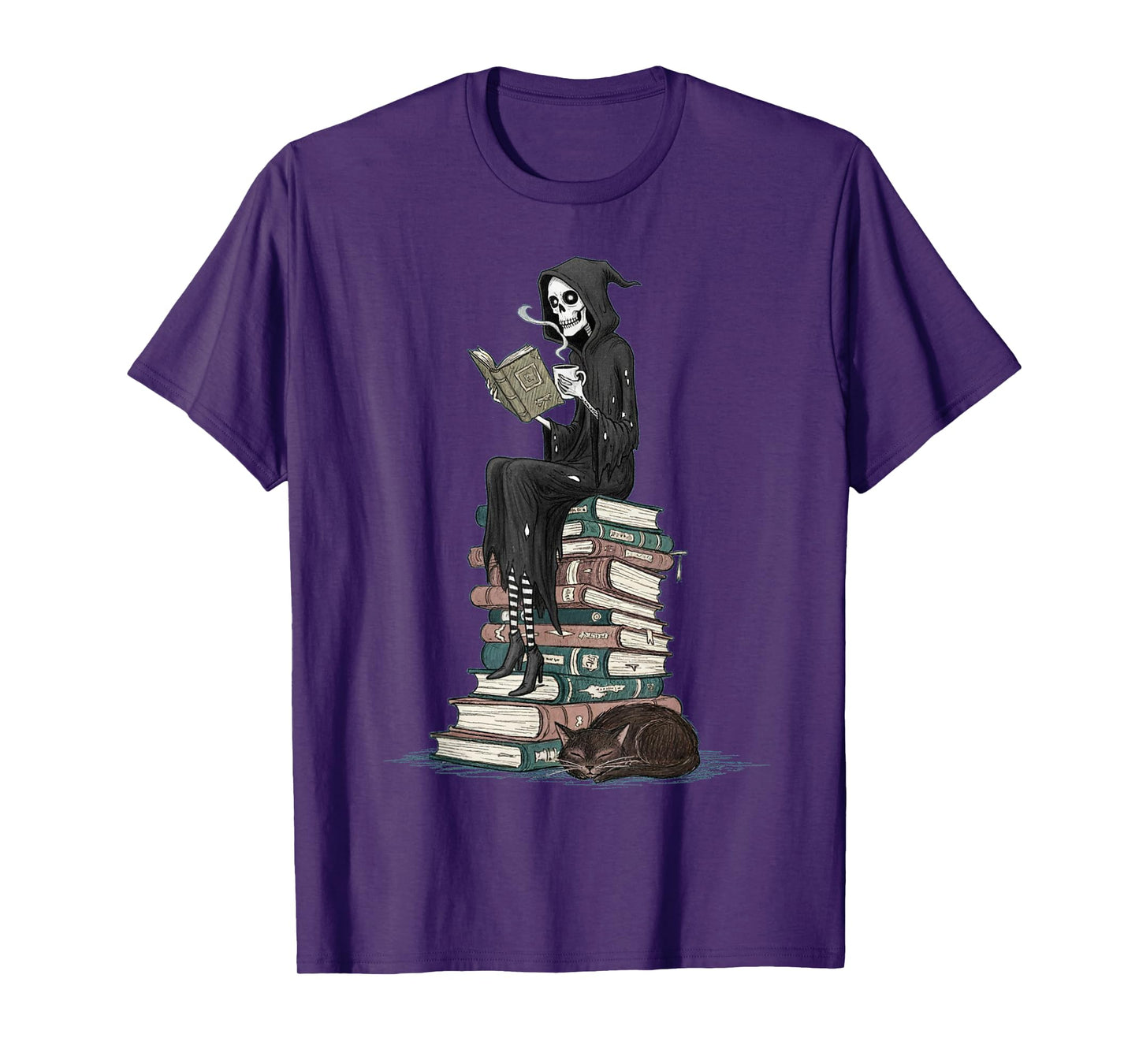 Reading Skeleton with Cat on Stacked Books Design T-Shirt