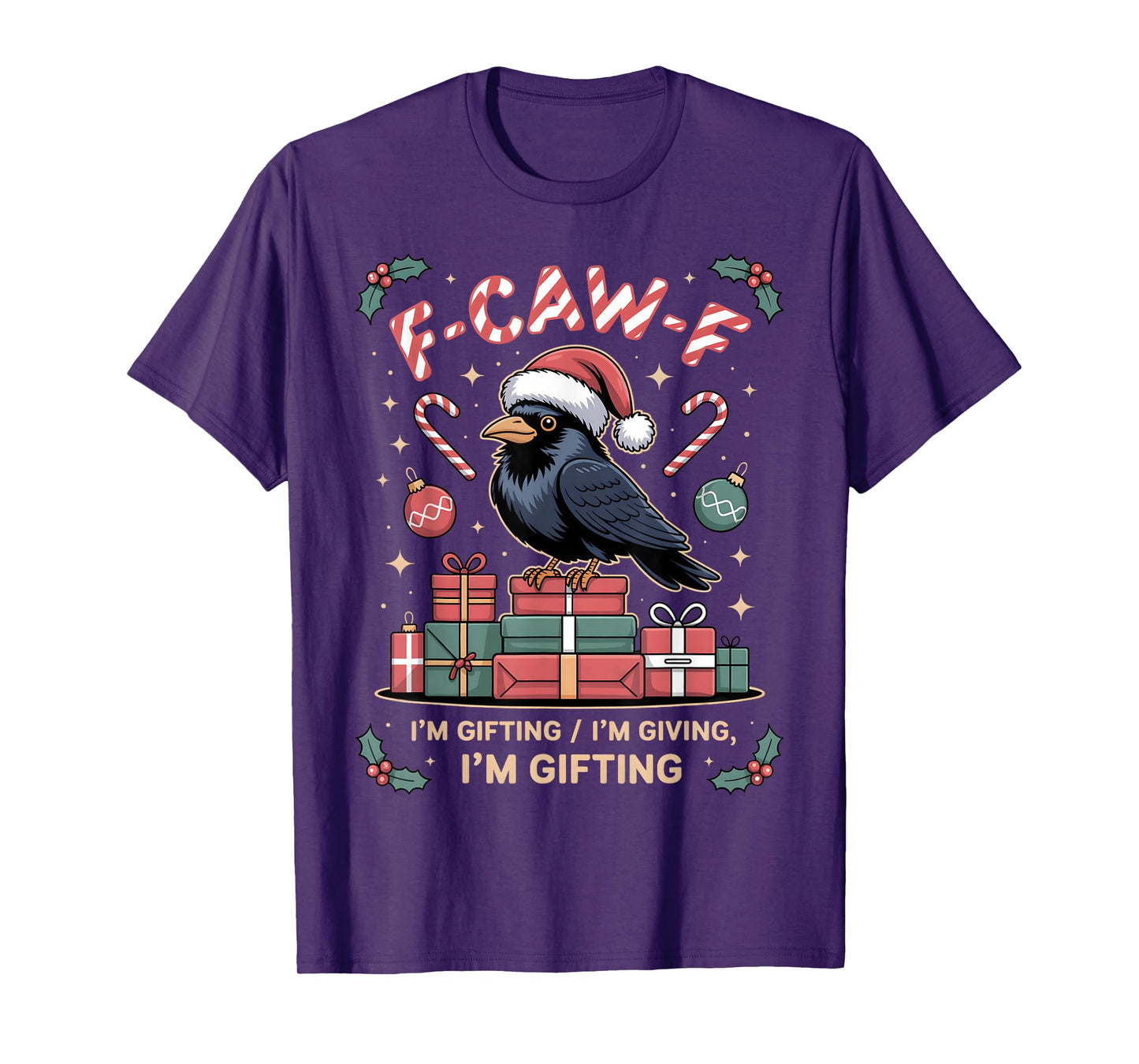 Black Crow F-Caw-F Funny Retro Christmas Lights Santa hat T-Shirt