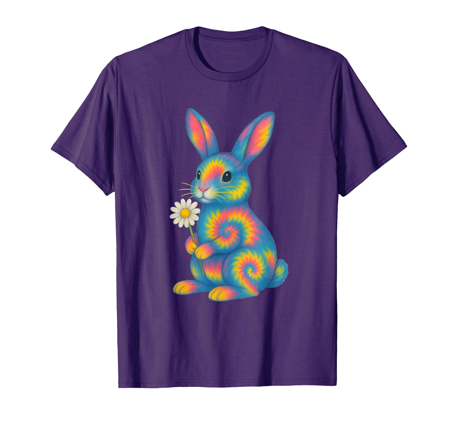 Colorful Tie Dye Bunny with Daisy Flower Illustration T-Shirt
