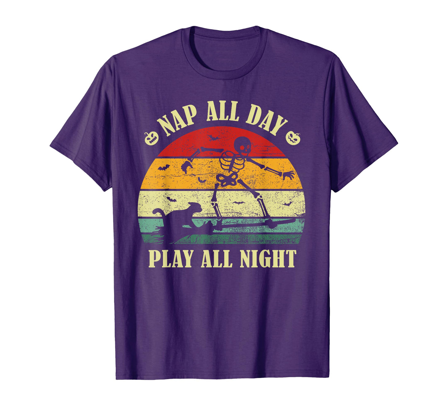 Nap All Day, Play All Night Fun Cat Witch Halloween Skeleton T-Shirt