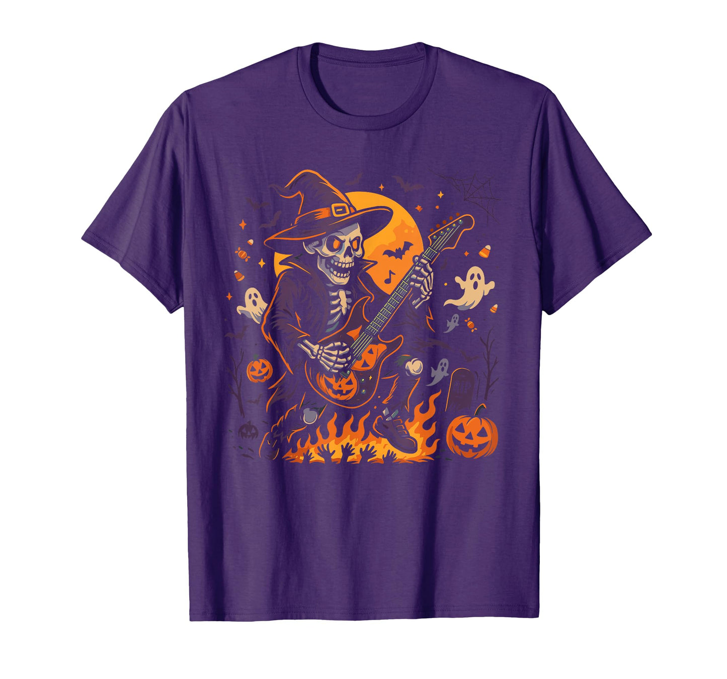Rocking Skeleton Witch Guitar Halloween Ghost Pumpkin T-Shirt