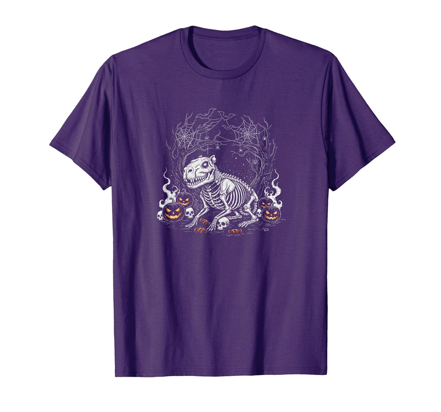 Spooky Capybara Skeleton Bones with Pumpkins and Webs T-Shirt