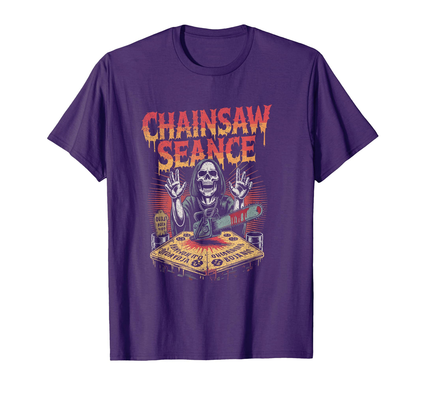 Skeleton Summoner at Ouija Table with Chainsaw Halloween T-Shirt