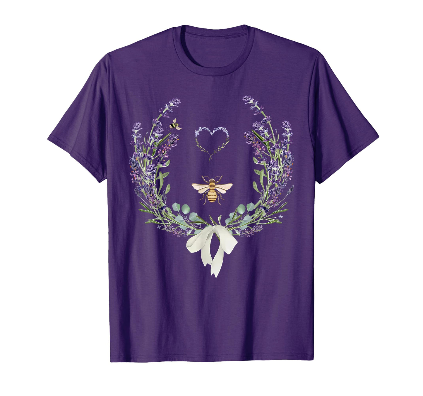 Cute Bee Bow Lavender Flower Heart Botanical Nature Lover T-Shirt