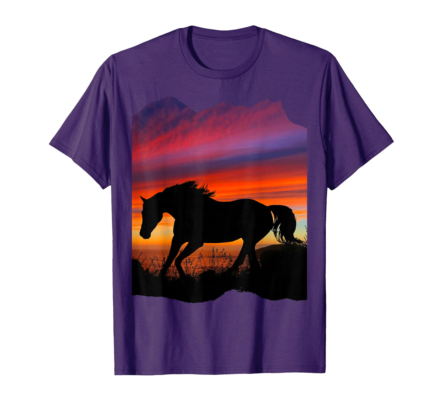 Beautiful Arabian horse sunset silhouette orange purple blue T-Shirt