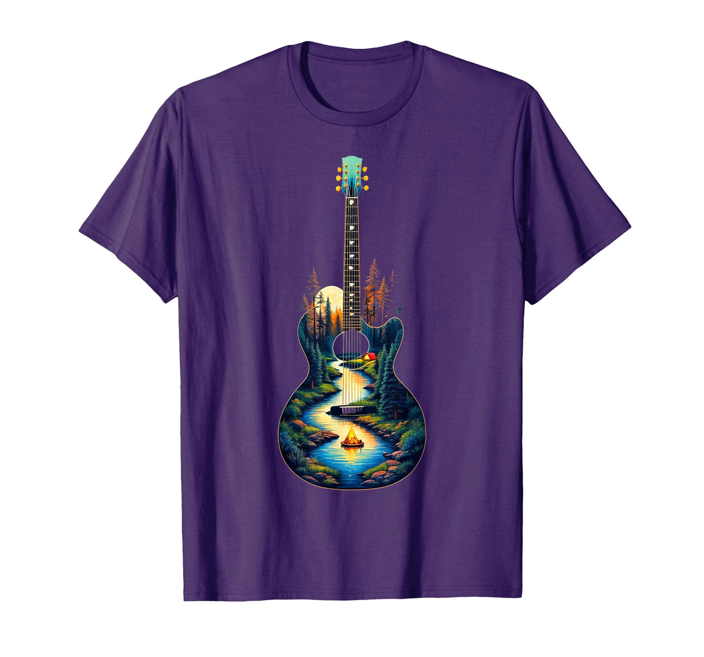 Guitar Lake Reflections Forest Pine Tree Moon Camp Guitarist T-Shirt