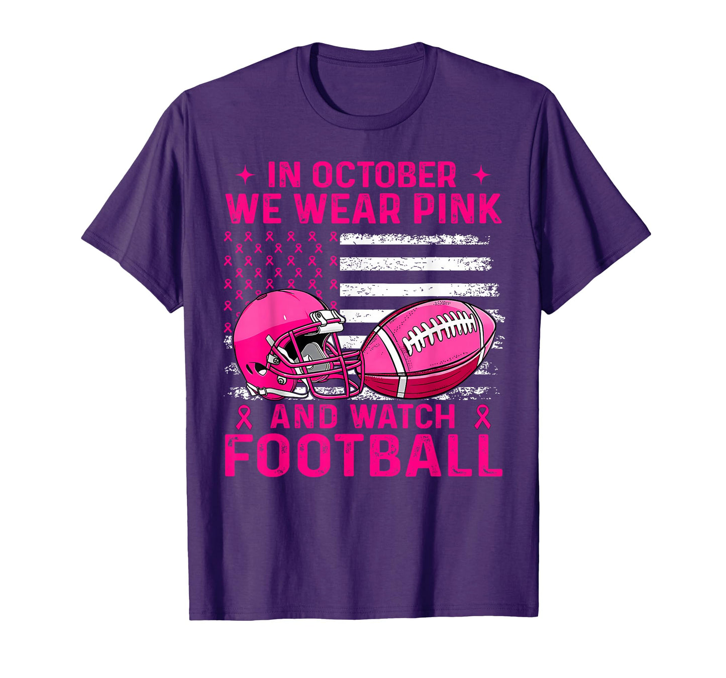 in October We Wear Pink Breast Cancer Flag Football Men Boys T-Shirt