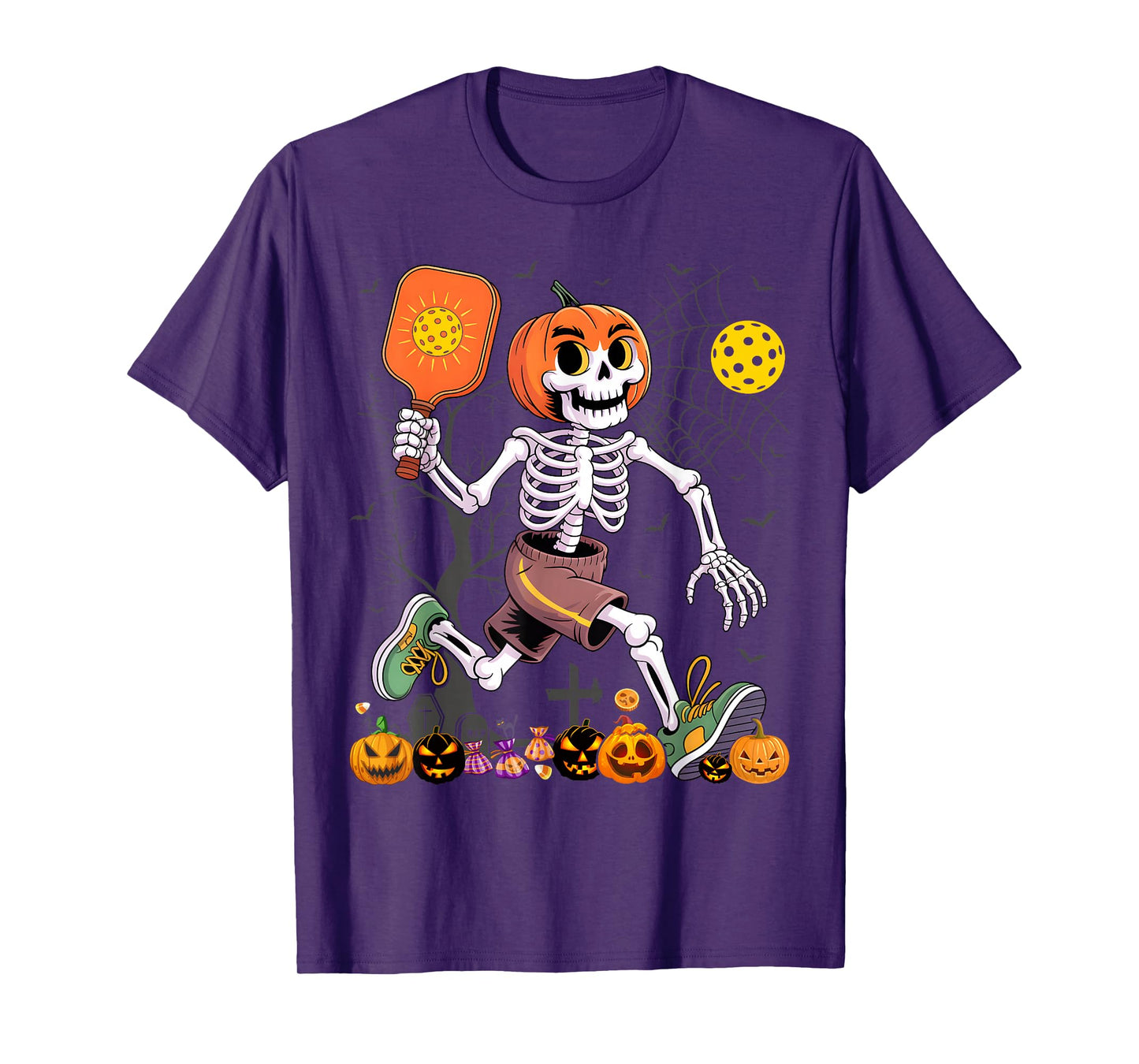 Pumpkin Head Skeleton Pickleball Halloween Spooky Sports T-Shirt