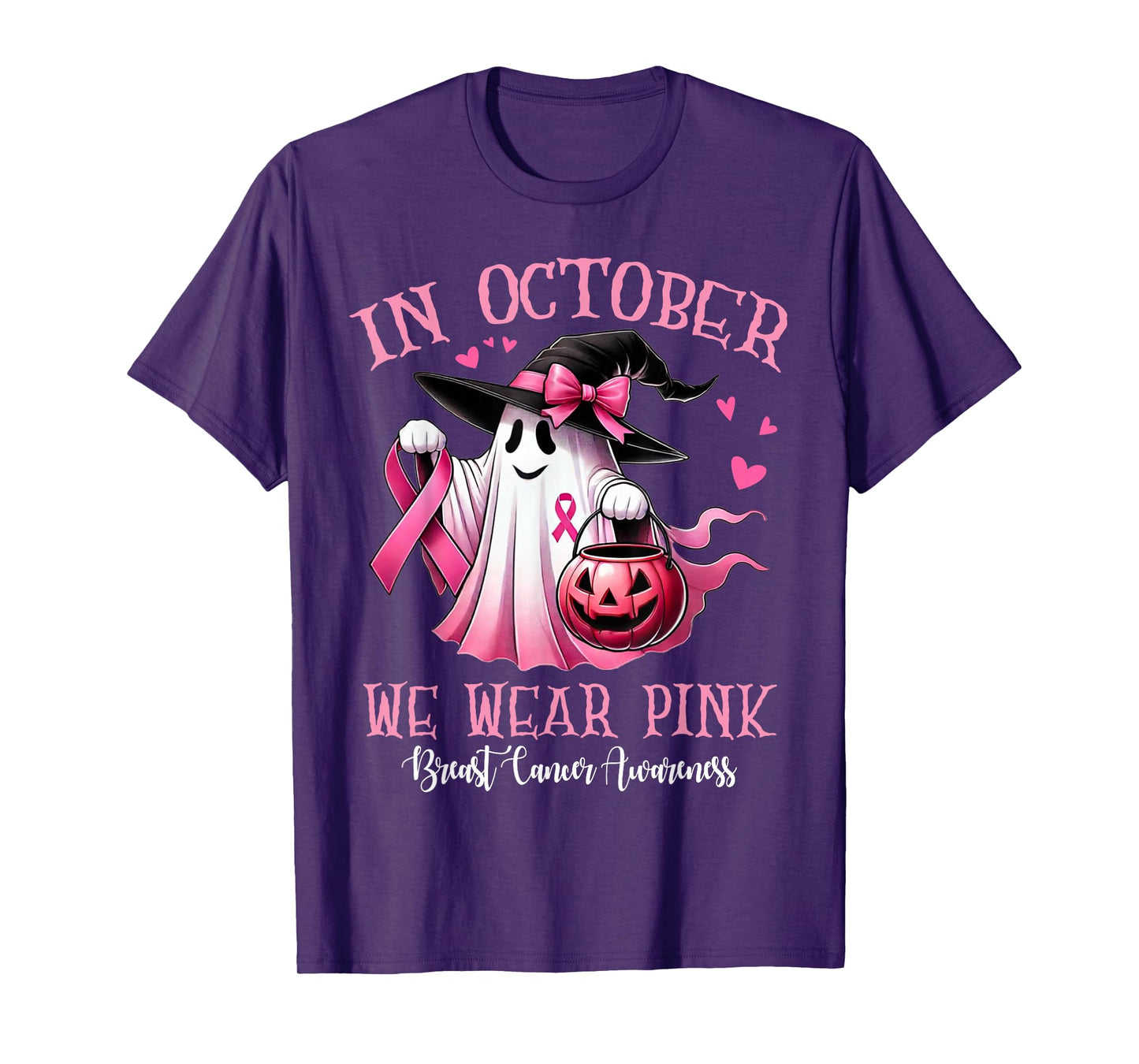 in October We Wear Pink Ghost Witch Halloween Breast Cancer T-Shirt