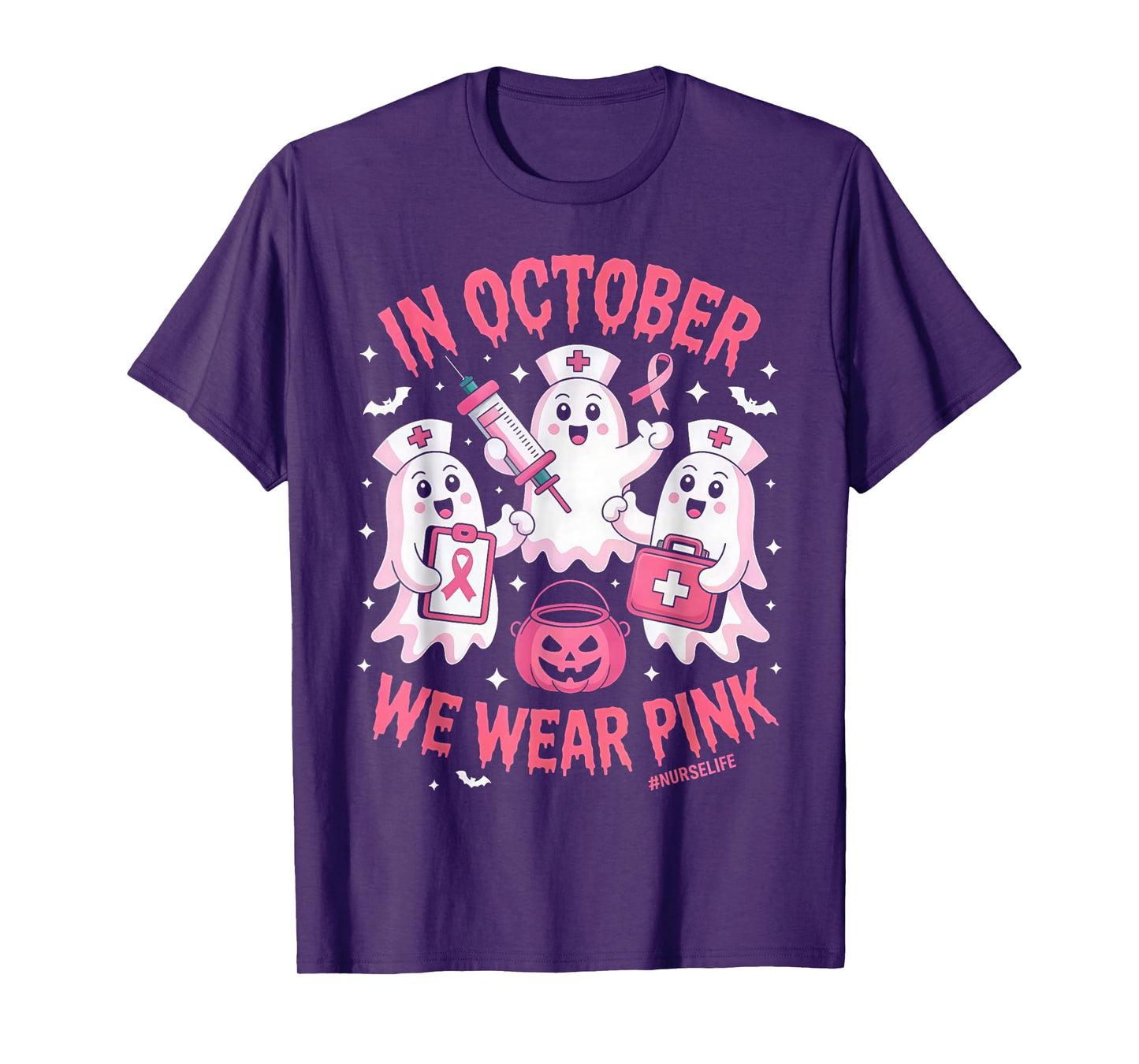 in October We Wear Pink Nurse Ghost Halloween Breast Cancer T-Shirt