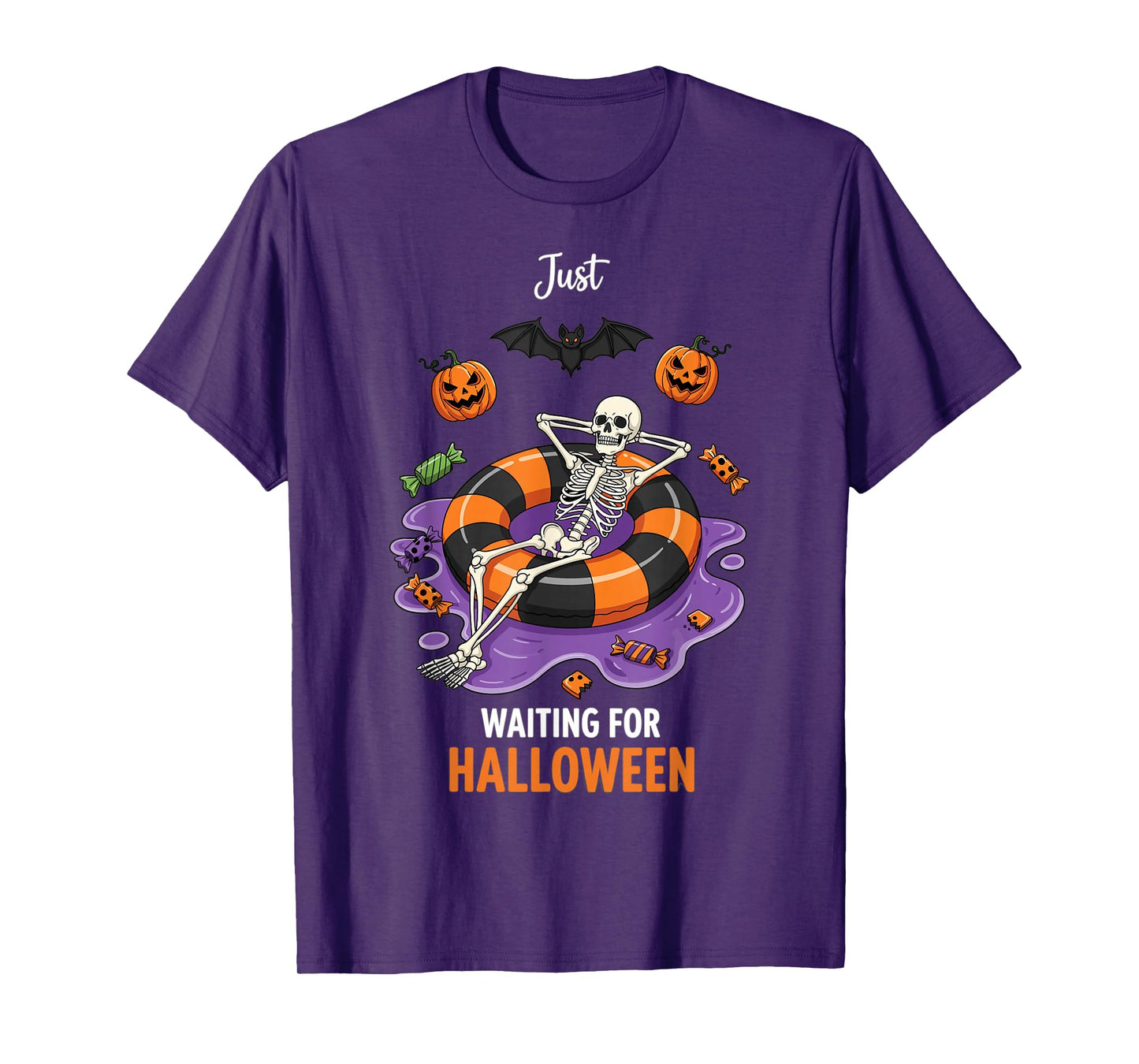Halloween Skeleton Pool Float Candy Pumpkin Waiting T-Shirt