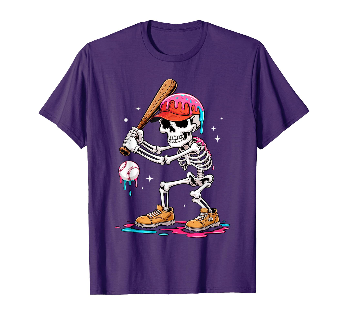 Funny Baseball Skeleton Ice Cream Drip Baseball Halloween T-Shirt