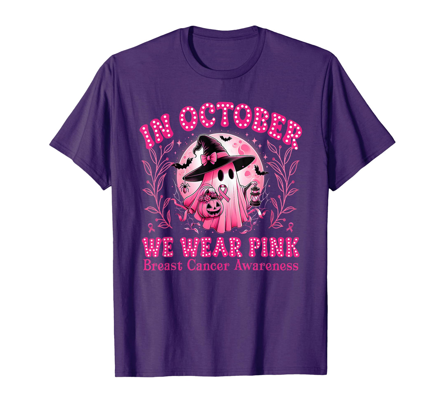 Breast Cancer Awareness In October We Wear Pink Ghost Witch T-Shirt