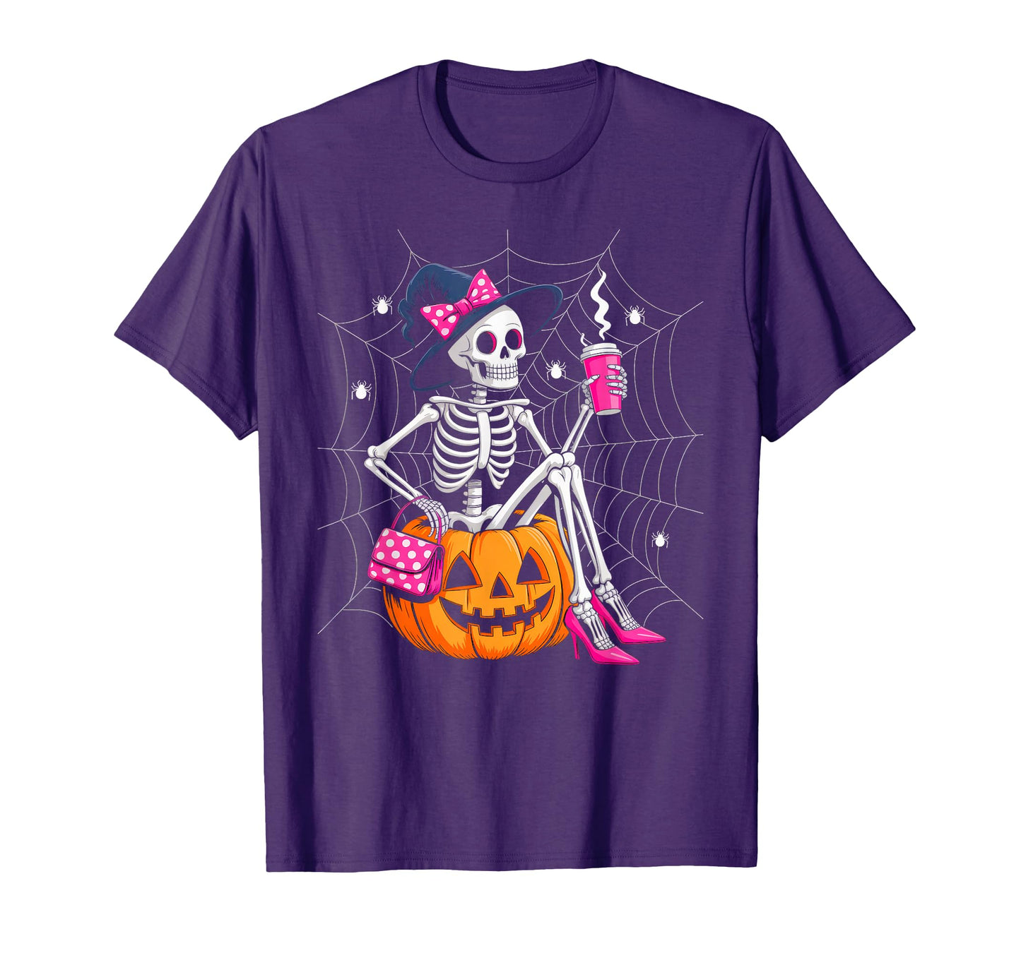 Funny Halloween Skeleton Skull Women Drinking Coffee Pumpkin T-Shirt