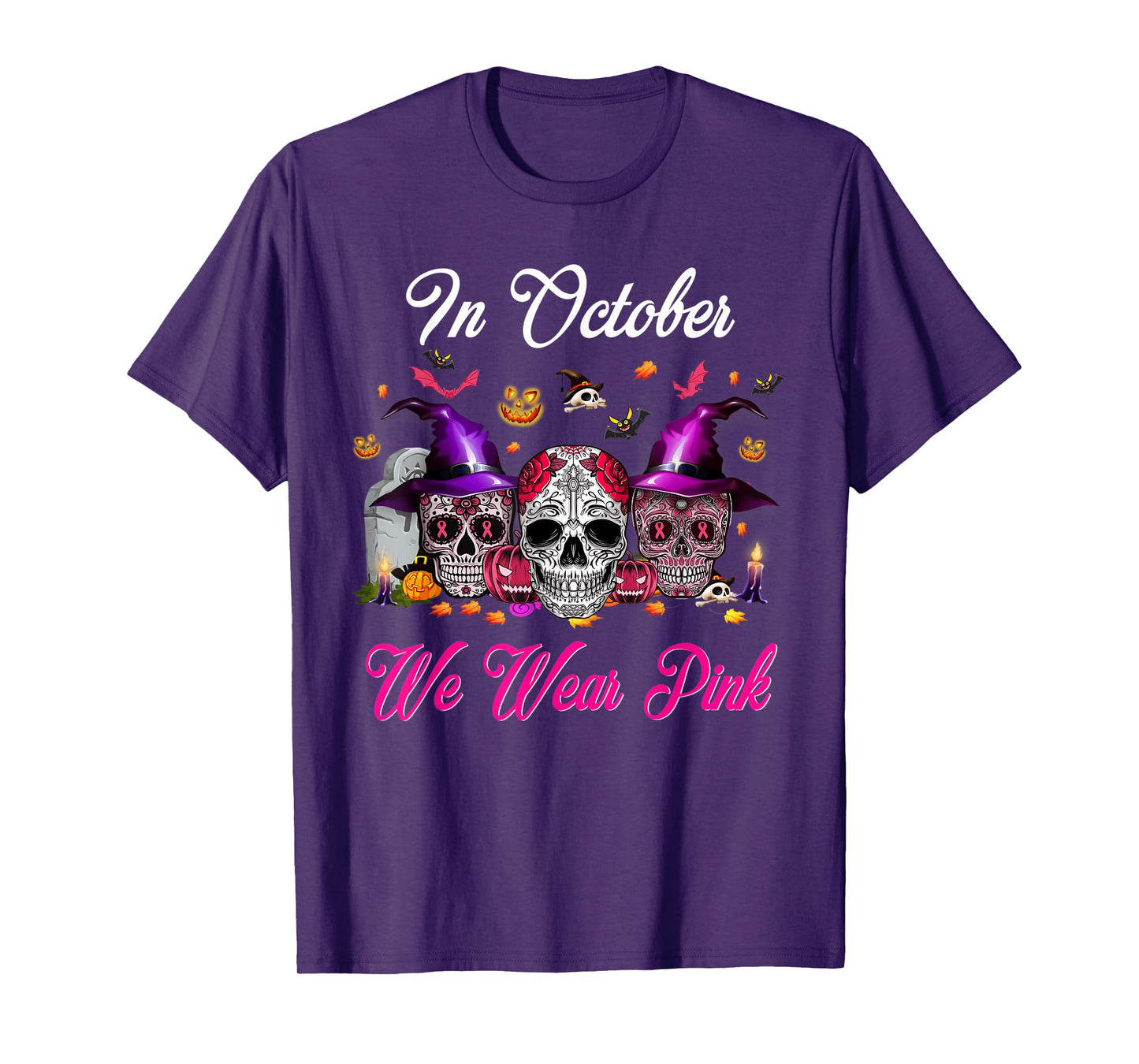 Sugar Skull In October We Wear Pink Breast Cancer Halloween T-Shirt