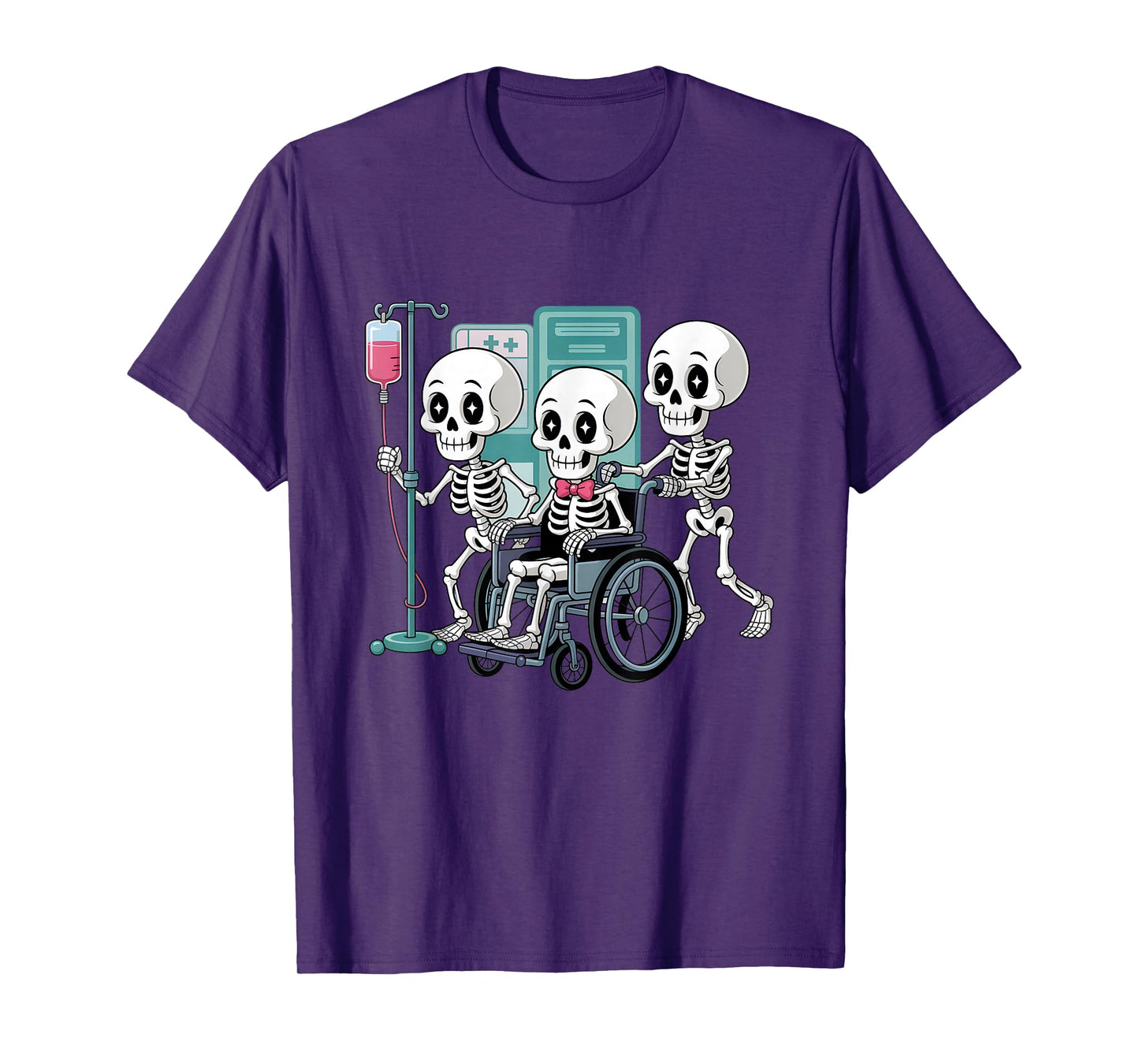Skeletons in Hospital Wheelchair Halloween Medical Nurse T-Shirt